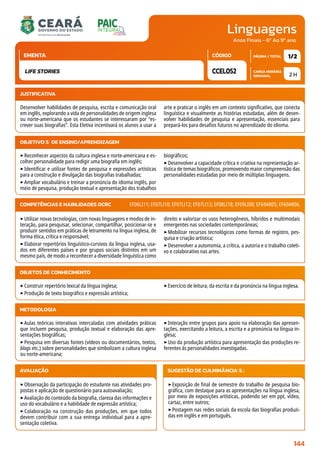 Linguagens
CARGA HORÁRIA
SEMANAL
PÁGINA / TOTAL
CÓDIGO
EMENTA
Anos Finais - 6º Ao 9º ano
2 H
1/2
CCEL052
LIFE STORIES
JUSTIFICATIVA
Desenvolver habilidades de pesquisa, escrita e comunicação oral
em inglês, explorando a vida de personalidades de origem inglesa
ou norte-americana que os estudantes se interessaram por “es-
crever suas biografias”. Esta Eletiva incentivará os alunos a usar a
arte e praticar o inglês em um contexto significativo, que conecta
linguística e visualmente as histórias estudadas, além de desen-
volver habilidades de pesquisa e apresentação, essenciais para
prepará-los para desafios futuros no aprendizado do idioma.
OBJETIVO(S) DE ENSINO/APRENDIZAGEM
‣Reconhecer aspectos da cultura inglesa e norte-americana e es-
colher personalidade para redigir uma biografia em inglês;
‣Identificar e utilizar fontes de pesquisa e expressões artísticas
para a construção e divulgação das biografias trabalhadas;
‣Ampliar vocabulário e treinar a pronúncia do idioma inglês, por
meio de pesquisa, produção textual e apresentação dos trabalhos
biográficos;
‣Desenvolver a capacidade crítica e criativa na representação ar-
tística de temas biográficos, promovendo maior compreensão das
personalidades estudadas por meio de múltiplas linguagens.
‣Utilizar novas tecnologias, com novas linguagens e modos de in-
teração, para pesquisar, selecionar, compartilhar, posicionar-se e
produzir sentidos em práticas de letramento na língua inglesa, de
forma ética, crítica e responsável;
‣Elaborar repertórios linguístico-cursivos da língua inglesa, usa-
dos em diferentes países e por grupos sociais distintos em um
mesmo país, de modo a reconhecer a diversidade linguística como
direito e valorizar os usos heterogêneos, híbridos e multimodais
emergentes nas sociedades contemporâneas;
‣Mobilizar recursos tecnológicos como formas de registro, pes-
quisa e criação artística;
‣Desenvolver a autonomia, a crítica, a autoria e o trabalho coleti-
vo e colaborativo nas artes.
COMPETÊNCIAS E HABILIDADES DCRC EF06LI11; EF07LI10; EF07LI12; EF07LI13; EF08LI18; EF09LI08; EF69AR05; EF69AR06.
METODOLOGIA
‣Aulas teóricas interativas intercaladas com atividades práticas
que incluem pesquisa, produção textual e elaboração das apre-
sentações biográficas;
‣Pesquisa em diversas fontes (vídeos ou documentários, textos,
blogs etc.) sobre personalidades que simbolizam a cultura inglesa
ou norte-americana;
‣Interação entre grupos para apoio na elaboração das apresen-
tações, exercitando a leitura, a escrita e a pronúncia na língua in-
glesa;
‣Uso da produção artística para apresentação das produções re-
ferentes às personalidades investigadas.
OBJETOS DE CONHECIMENTO
‣Construir repertório lexical da língua inglesa;
‣Produção de texto biográfico e expressão artística;
‣Exercício de leitura, da escrita e da pronúncia na língua inglesa.
AVALIAÇÃO
‣Observação da participação do estudante nas atividades pro-
postas e aplicação de questionário para autoavaliação;
‣Avaliação do conteúdo da biografia, clareza das informações e
uso do vocabulário e a habilidade de expressão artística;
‣Colaboração na construção das produções, em que todos
devem contribuir com a sua entrega individual para a apre-
sentação coletiva.
SUGESTÃO DE CULMINÂNCIA(S):
‣Exposição de final de semestre do trabalho de pesquisa bio-
gráfica, com destaque para as apresentações na língua inglesa,
por meio de exposições artísticas, podendo ser em ppt, vídeo,
cartaz, entre outros;
‣Postagem nas redes sociais da escola das biografias produzi-
das em inglês e em português.
144
 