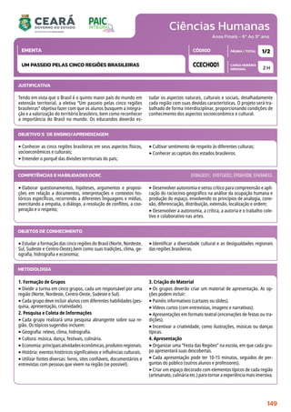 Ciências Humanas
CARGA HORÁRIA
SEMANAL
PÁGINA / TOTAL
CÓDIGO
EMENTA
Anos Finais - 6º Ao 9º ano
2 H
1/2
CCECH001
UM PASSEIO PELAS CINCO REGIÕES BRASILEIRAS
JUSTIFICATIVA
Tendo em vista que o Brasil é o quinto maior país do mundo em
extensão territorial, a eletiva “Um passeio pelas cinco regiões
brasileiras” objetiva fazer com que os alunos busquem a integra-
ção e a valorização do território brasileiro, bem como reconhecer
a importância do Brasil no mundo. Os educandos deverão es-
tudar os aspectos naturais, culturais e sociais, detalhadamente
cada região com suas devidas características. O projeto será tra-
balhado de forma interdisciplinar, proporcionando condições de
conhecimento dos aspectos socioeconômico e cultural.
OBJETIVO(S) DE ENSINO/APRENDIZAGEM
‣Conhecer as cinco regiões brasileiras em seus aspectos físicos,
socioeconômicos e culturais;
‣Entender o porquê das divisões territoriais do país;
‣Cultivar sentimento de respeito às diferentes culturas;
‣Conhecer as capitais dos estados brasileiros.
‣Elaborar questionamentos, hipóteses, argumentos e proposi-
ções em relação a documentos, interpretações e contextos his-
tóricos específicos, recorrendo a diferentes linguagens e mídias,
exercitando a empatia, o diálogo, a resolução de conflitos, a coo-
peração e o respeito;
‣Desenvolver autonomia e senso crítico para compreensão e apli-
cação do raciocínio geográfico na análise da ocupação humana e
produção do espaço, envolvendo os princípios de analogia, cone-
xão, diferenciação, distribuição, extensão, localização e ordem;
‣Desenvolver a autonomia, a crítica, a autoria e o trabalho cole-
tivo e colaborativo nas artes.
COMPETÊNCIAS E HABILIDADES DCRC EF06GE01; EF07GE02; EF06HI08; EF69AR32.
METODOLOGIA
1. Formação de Grupos
‣Dividir a turma em cinco grupos, cada um responsável por uma
região (Norte, Nordeste, Centro-Oeste, Sudeste e Sul).
‣Cada grupo deve incluir alunos com diferentes habilidades (pes-
quisa, apresentação, criatividade).
2. Pesquisa e Coleta de Informações
‣Cada grupo realizará uma pesquisa abrangente sobre sua re-
gião. Os tópicos sugeridos incluem:
‣Geografia: relevo, clima, hidrografia.
‣Cultura: música, dança, festivais, culinária.
‣Economia:principaisatividadeseconômicas,produtosregionais.
‣História: eventos históricos significativos e influências culturais.
‣Utilizar fontes diversas: livros, sites confiáveis, documentários e
entrevistas com pessoas que vivem na região (se possível).
3. Criação do Material
‣Os grupos deverão criar um material de apresentação. As op-
ções podem incluir:
‣Painéis informativos (cartazes ou slides).
‣Vídeos curtos (com entrevistas, imagens e narrativas).
‣Apresentações em formato teatral (encenações de festas ou tra-
dições).
‣Incentivar a criatividade, como ilustrações, músicas ou danças
típicas.
4. Apresentação
‣Organizar uma “Festa das Regiões” na escola, em que cada gru-
po apresentará suas descobertas.
‣Cada apresentação pode ter 10-15 minutos, seguidos de per-
guntas do público (outros alunos e professores).
‣Criar um espaço decorado com elementos típicos de cada região
(artesanato, culinária etc.) para tornar a experiência mais imersiva.
OBJETOS DE CONHECIMENTO
‣Estudar a formação das cinco regiões do Brasil (Norte, Nordeste,
Sul, Sudeste e Centro-Oeste),bem como suas tradições, clima, ge-
ografia, hidrografia e economia;
‣Identificar a diversidade cultural e as desigualdades regionais
das regiões brasileiras.
149
 