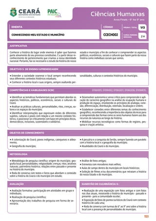 Ciências Humanas
CARGA HORÁRIA
SEMANAL
PÁGINA / TOTAL
CÓDIGO
EMENTA
Anos Finais - 6º Ao 9º ano
2 H
1/2
CCECH002
CONHECENDO MEU ESTADO E MUNICÍPIO
JUSTIFICATIVA
Conhecer a história do lugar onde vivemos é saber que fazemos
parte ativamente do seu processo constitutivo. É a partir desse re-
conhecimento de pertencimento que criamos a nossa identidade
nacional. Portanto, faz-se necessário o estudo da história do nosso
estado e município a fim de conhecer e compreender os aspectos
políticos, econômicos, sociais e culturais que fazem parte da nossa
história como indivíduos sociais que somos.
OBJETIVO(S) DE ENSINO/APRENDIZAGEM
‣Entender a sociedade cearense e local sempre reconhecendo
seus diferentes contextos históricos estaduais;
‣Conhecer a história local e suas origens, sempre exaltando per-
sonalidades, culturas e contextos históricos do município.
‣Identificar as temáticas fundamentais que permitam abordar os
aspectos históricos, políticos, econômicos, sociais e culturais do
Ceará.
‣Analisar as práticas culturais, personalidades, ritos, crenças, va-
lores e os espaços do município;
‣Identificar interpretações que expressam visões de diferentes
sujeitos, culturas e povos com relação a um mesmo contexto his-
tórico, e posicionar-se criticamente com base em princípios éticos,
democráticos, inclusivos, sustentáveis e solidários.
‣Desenvolver autonomia e senso crítico para compreensão e apli-
cação do raciocínio geográfico na análise da ocupação humana e
produção do espaço, envolvendo os princípios de analogia, cone-
xão, diferenciação, distribuição, extensão, localização e ordem;
‣Estabelecer conexões entre diferentes temas do conhecimento
geográfico, reconhecendo a importância dos objetos técnicos para
a compreensão das formas como os seres humanos fazem uso dos
recursos da natureza ao longo da história;
‣Mobilizar recursos tecnológicos como formas de registro, pes-
quisa e criação artística.
COMPETÊNCIAS E HABILIDADES DCRC EF06HI05; EF09HI02; EF06GE01; EF06GE06; EF69AR35.
METODOLOGIA
‣Metodologia de pesquisa científica: origem do município; geo-
grafia local; personalidades; religiosidade; crenças; ritos; atrativos
naturais; patrimônio histórico; relações entre passado e presente
na história do município.
‣Roda de conversa com textos e livros que abordam o conteúdo
sobre a história do Ceará e do município em estudo;
‣Análise de fotos antigas;
‣Entrevista com moradores mais velhos;
‣Aulas de campo dentro do município em locais históricos;
‣Exibição de filmes e/ou documentários que retratam a história
do nosso Estado e do município.
OBJETOS DE CONHECIMENTO
‣A colonização do Ceará; povos indígenas, catequeses e aldea-
mento;
‣Geografia do município;
‣A pecuária e a conquista do Sertão, sempre fazendo um paralelo
com a história local e a geografia do município;
‣Atualidades do Ceará e do município.
AVALIAÇÃO
‣Avaliação formativa: participação em atividades em grupo e
individuais;
‣Realização de pesquisa científica;
‣ Apresentação dos trabalhos de pesquisa em forma de se-
minário.
SUGESTÃO DE CULMINÂNCIA(S):
‣Realização de uma exposição com fotos antigas e com fotos
nos dias atuais, mostrando a história do município - passado e
presente - para a comunidade escolar;
‣Exposição de fotos de pontos turísticos do Ceará com contexto
histórico de cada uma;
‣Roda de conversa com turmas do 6° ao 9° ano sobre a história
local com a presença de personalidades do município.
151
 