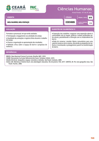 Ciências Humanas
CARGA HORÁRIA
SEMANAL
PÁGINA / TOTAL
CÓDIGO
EMENTA
Anos Finais - 6º Ao 9º ano
AVALIAÇÃO
Formativa e processual, em que serão avaliados:
‣Participação e engajamento nas atividades de campo;
‣Qualidade das anotações e registros feitos durante o trabalho
de campo;
‣Clareza e organização na apresentação dos resultados;
‣ Reflexão crítica sobre o espaço do bairro e propostas de
melhoria.
SUGESTÃO DE CULMINÂNCIA(S):
‣Exposição dos trabalhos: organizar uma exposição aberta à
comunidade com os mapas, gráficos e relatos produzidos pe-
los alunos, possibilitando a interação com os moderadores do
bairro;
‣Roda de conversa: convidar líderes comunitários para uma
roda de conversa com os alunos, discutindo as propostas de me-
lhoria e incentivando o protagonismo juvenil na transformação
do bairro.
2 H
2/2
CCECH005
MEU BAIRRO, MEU ESPAÇO
REFERÊNCIAS
BRASIL. Base Nacional Comum Curricular. Brasília: MEC, 2018.
CEARÁ. Documento Curricular Referencial do Ceará. Fortaleza: SEDUC, 2019.
SOUZA, M.A.B.de. Geografia e espaço: conceitos e métodos. São Paulo: Contexto, 2009.
SILVA, A.M. Memória e história local: uma abordagem educativa. Rio de Janeiro: FGV, 2017. SANTOS, M. Por uma geografia nova. São
Paulo: Hucitec, 2008.
158
 