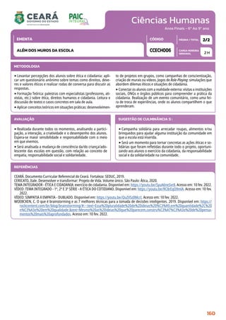 Ciências Humanas
CARGA HORÁRIA
SEMANAL
PÁGINA / TOTAL
CÓDIGO
EMENTA
Anos Finais - 6º Ao 9º ano
AVALIAÇÃO
‣Realizada durante todos os momentos, analisando a partici-
pação, a interação, a criatividade e o desempenho dos alunos.
Espera-se maior sensibilidade e responsabilidade com o meio
em que vivemos.
‣Será analisada a mudança de consciência da/do criança/ado-
lescente das escolas em questão, com relação ao conceito de
empatia, responsabilidade social e solidariedade.
SUGESTÃO DE CULMINÂNCIA(S):
‣Campanha solidária para arrecadar roupas, alimentos e/ou
brinquedos para ajudar alguma instituição da comunidade em
que a escola está inserida.
‣Será um momento para tornar concretas as ações éticas e so-
lidárias que foram refletidas durante todo o projeto, oportuni-
zando aos alunos o exercício da cidadania, da responsabilidade
social e da solidariedade na comunidade.
2 H
2/2
CCECH006
ALÉM DOS MUROS DA ESCOLA
REFERÊNCIAS
CEARÁ. Documento Curricular Referencial do Ceará. Fortaleza: SEDUC, 2019.
CERICATO, Itale. Desenvolver e transformar: Projeto de Vida. Volume único. São Paulo: Ática, 2020.
TEMA INTEGRADOR - ÉTICA E CIDADANIA: exercício de cidadania. Disponível em: https://youtu.be/SyuA6neSvr8. Acesso em: 10 fev. 2022.
VÍDEO: TEMA INTEGRADO - 1ª, 2ª E 3ª SÉRIE - A ÉTICA DO COTIDIANO. Disponível em: https://youtu.be/RC8rEqO9mlA. Acesso em: 10 fev.
2022.
VÍDEO: SIMPATIA X EMPATIA - DUBLADO. Disponível em: https://youtu.be/QuZVSz0McrI. Acesso em: 10 fev. 2022.
WOEBCKEN, C. O que é brainstorming e as 7 melhores técnicas para a tomada de decisões inteligentes. 2019. Disponível em: https://
rockcontent.com/br/blog/brainstorming/#:~:text=Essa%20pluralidade%20de%20ideias%20%C3%A9,em%20quantidade%2C%20
n%C3%A3o%20em%20qualidade.text=Mesmo%20as%20ideias%20que%20parecem,constru%C3%A7%C3%A3o%20de%20pensa-
mentos%20mais%20aprofundados. Acesso em: 10 fev. 2022.
METODOLOGIA
‣Levantar percepções dos alunos sobre ética e cidadania: apli-
car um questionário anônimo sobre temas como direitos, deve-
res e valores éticos e realizar rodas de conversa para discutir as
respostas.
‣Formação Teórica: palestras com especialistas (professores, ati-
vistas, etc.) sobre ética, direitos humanos e cidadania. Leitura e
discussão de textos e casos concretos em sala de aula.
‣Aplicar conceitos teóricos em situações práticas: desenvolvimen-
to de projetos em grupos, como campanhas de conscientização,
criação de murais ou vídeos. Jogos de Role-Playing: simulações que
abordem dilemas éticos e situações de cidadania.
‣Conectar os alunos com a realidade externa: visitas a instituições
sociais, ONGs e órgãos públicos para compreender a prática da
cidadania. Realização de um evento comunitário, como uma fei-
ra de troca de experiências, onde os alunos compartilhem o que
aprenderam.
160
 