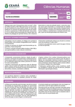 Ciências Humanas
CARGA HORÁRIA
SEMANAL
PÁGINA / TOTAL
CÓDIGO
EMENTA
Anos Finais - 6º Ao 9º ano
2 H
1/2
CCECH010
TEATRO DO OPRIMIDO
JUSTIFICATIVA
Citada por vezes como “o dia que durou vinte e um anos”, a Dita-
dura Militar brasileira (1964-1985) representou um dos momen-
tos mais tenebrosos da nossa história recente. Por outro lado,
também foi um momento de organização de formas de resistên-
cia contra o autoritarismo. O Teatro do Oprimido, nesse contex-
to, foi um método teatral desenvolvido por Augusto Boal com
influência da pedagogia do oprimido freiriana, com o intuito de
democratizar os meios de produção teatral, o acesso das cama-
das sociais menos favorecidas e a transformação da realidade
através do diálogo e do teatro. Nesse sentido, a proposta da pre-
sente disciplina é se apropriar dos elementos teatrais para de-
nunciar a violência, o autoritarismo e a exclusão social em nosso
país, a partir da interdisciplinaridade entre História e Arte.
OBJETIVO(S) DE ENSINO/APRENDIZAGEM
‣Ressignificar cenas do cotidiano, em diálogo com o período da
Ditadura Militar, como combate à desigualdade social, à violência
e ao autoritarismo;
‣Analisar as estruturas do método teatral desenvolvido por Au-
gusto Boal, o Teatro do Oprimido;
‣Conhecer o período da Ditadura Militar brasileira (1964-1985) e
seus aspectos políticos, sociais, culturais e econômicos;
‣Desenvolver manifestações artísticas que articulem os contextos
sociais dos estudantes e o saber crítico;
‣Construir uma performance teatral a partir dos jogos e técnicas
do Teatro do Oprimido.
‣Compreender acontecimentos históricos, relações de poder e
processos e mecanismos de transformação e manutenção das es-
truturas sociais, políticas, econômicas e culturais ao longo do tem-
po e em diferentes espaços para analisar, posicionar-se e intervir
no mundo contemporâneo;
‣Identificar interpretações que expressem visões de diferentes
sujeitos, culturas e povos com relação a um mesmo contexto his-
tórico e posicionar-se criticamente com base em princípios éticos,
democráticos, inclusivos, sustentáveis e solidários;
‣Explorar, conhecer, fruir e analisar criticamente práticas e pro-
duções artísticas e culturais do seu entorno social, dos povos in-
dígenas, das comunidades tradicionais brasileiras e de diversas
sociedades, em distintos tempos e espaços, para reconhecer a arte
como um fenômeno cultural, histórico, social e sensível a diferen-
tes contextos e dialogar com as diversidades;
‣Problematizar questões políticas, sociais, econômicas, científi-
cas, tecnológicas e culturais, por meio de exercícios, produções,
intervenções e apresentações artísticas.
COMPETÊNCIAS E HABILIDADES DCRC EF09HI17; EF09HI19; EF69AR25; EF69AR28.
METODOLOGIA
‣A Eletiva será construída a partir dos jogos e das técnicas teatrais
desenvolvidas por Augusto Boal, que podem ser representadas
por meio da árvore do Teatro do Oprimido. Para tanto, as aulas
devem ser construídas a partir da metodologia elaborada pelo
Teatro do Oprimido, mas devem ser adaptadas de acordo com a
realidade de cada escola. Nesse sentido, para a árvore crescer e
se desenvolver, o solo precisa ser fertilizado, nessa metáfora, com
ética e solidariedade. As raízes, assim, se materializam por meio
da palavra, do som e da imagem. Com isso, serão exploradas as
técnicas dos jogos no teatro-imagem e no teatro-jornal.
‣A primeira propõe que os participantes criem uma imagem cor-
poral estática a partir de algum problema da sociedade.
‣No teatro-jornal, por outro lado, serão lidas e discutidas notícias
da atualidade (e da época da ditadura) para que a discussão pos-
sa ajudar a construir uma ressignificação. O intuito é desenvolver
uma análise crítica do meio social em que os estudantes estão in-
seridos a partir da sua participação ativa.
OBJETOS DE CONHECIMENTO
‣As experiências ditatoriais na América Latina; pluralidades e
diversidades identitárias na atualidade; processos de criação.
166
 