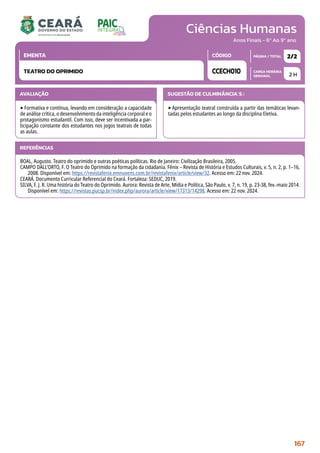 Ciências Humanas
CARGA HORÁRIA
SEMANAL
PÁGINA / TOTAL
CÓDIGO
EMENTA
Anos Finais - 6º Ao 9º ano
AVALIAÇÃO
‣Formativa e contínua, levando em consideração a capacidade
de análise crítica, o desenvolvimento da inteligência corporal e o
protagonismo estudantil. Com isso, deve ser incentivada a par-
ticipação constante dos estudantes nos jogos teatrais de todas
as aulas.
SUGESTÃO DE CULMINÂNCIA(S):
‣Apresentação teatral construída a partir das temáticas levan-
tadas pelos estudantes ao longo da disciplina Eletiva.
2 H
2/2
CCECH010
TEATRO DO OPRIMIDO
REFERÊNCIAS
BOAL, Augusto. Teatro do oprimido e outras poéticas políticas. Rio de Janeiro: Civilização Brasileira, 2005.
CAMPO DALL’ORTO, F. O Teatro do Oprimido na formação da cidadania. Fênix – Revista de História e Estudos Culturais, v. 5, n. 2, p. 1–16,
2008. Disponível em: https://revistafenix.emnuvens.com.br/revistafenix/article/view/32. Acesso em: 22 nov. 2024.
CEARÁ. Documento Curricular Referencial do Ceará. Fortaleza: SEDUC, 2019.
SILVA, F. J. R. Uma história do Teatro do Oprimido. Aurora: Revista de Arte, Mídia e Política, São Paulo, v. 7, n. 19, p. 23-38, fev.-maio 2014.
Disponível em: https://revistas.pucsp.br/index.php/aurora/article/view/17313/14298. Acesso em: 22 nov. 2024.
167
 