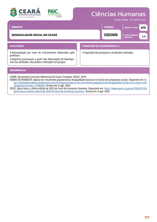 Ciências Humanas
CARGA HORÁRIA
SEMANAL
PÁGINA / TOTAL
CÓDIGO
EMENTA
Anos Finais - 6º Ao 9º ano
AVALIAÇÃO
‣Autoavaliação por meio de instrumentais elaborados pelo
professor;
‣Registros processuais a partir das observações de desempe-
nho nas atividades, discussões e interações em grupos.
SUGESTÃO DE CULMINÂNCIA(S):
‣Exposição das pesquisas e produções realizadas.
2 H
2/2
CCECH015
DESIGUALDADE SOCIAL NO CEARÁ
REFERÊNCIAS
CEARÁ. Documento Curricular Referencial do Ceará. Fortaleza: SEDUC, 2019.
DIÁRIO DO NORDESTE. Apesar do crescimento populacional, desigualdade social cai no Ceará com programas sociais. Disponível em: ht-
tps://diariodonordeste.verdesmares.com.br/negocios/apesar-do-crescimento-populacional-desigualdade-social-cai-no-ceara-com-
-programas-sociais-1.3388505?. Acesso em: 6 ago. 2024.
IPECE. Ipece lança a última edição de 2023 do Farol da Economia Cearense. Disponível em: https://www.ipece.ce.gov.br/2024/01/03/
ipece-lanca-a-ultima-edicao-de-2023-do-farol-da-economia-cearense/. Acesso em: 6 ago. 2024.
177
 