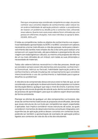 18
Para que uma pessoa seja considerada competente em algo, ela precisa
conhecer seus conceitos (objetos de conhecimento), saber colocá-los
em prática (habilidade de aplicação prática) e adotar o procedimento
de resolver um problema ou desafio junto a contextos reais, utilizando
esses saberes. Quanto mais vezes esses saberes forem utilizados por uma
pessoa em diferentes situações, mais esse indivíduo se apropria deles.
(CEARÁ, 2023, p.27)
E todas as competências, todos os objetos de conhecimento e as respec-
tivas habilidades apresentadas no DCRC e na BNCC consistem em saberes
necessários a tornar mais eficazes a vida das pessoas, tanto para o desen-
volvimento das tarefas mais simples do dia a dia como para realizar uma
compra em um supermercado, até para elaborar o planejamento de uma
viagem com toda logística e cálculos, ou mesmo uma proposta de reforma
de um ou mais cômodos de um imóvel, com todas as suas dimensões e
necessidade de materiais.
Todos são saberes básicos necessários à vida das pessoas, desde que
se considere sempre esses três elementos estruturantes: conhecimen-
to (conceitual, teórico ou factual), habilidade (aplicação prática do
conhecimento) e atitude (mudança de comportamento que considere
intencionalmente o uso do conhecimento e habilidade para superar
desafios ou problemas).
A relevância da compreensão dessa estrutura está no fato de que, ao ser
considerada a sua aplicação no desenvolvimento das propostas curriculares
da Educação Básica, qualquer que seja o nível de ensino, é preciso rever
as próprias estruturas de gestão de sala de aula, dentre outros elementos
do processo de aprendizagem, para que os saberes sejam desenvolvidos
de forma consistente.
Planejar as ofertas de qualquer um dos componentes curriculares, das
áreas de conhecimento tradicionais às propostas diversificadas, demanda
que essas estruturas do currículo por competências sejam respeitadas
e aplicadas. Isso implica considerar novas estruturas de aulas, as quais
considerem momentos de desenvolvimentos conceituais integrados com
experiências de aplicação prática desses conceitos em contextos locais,
podendo ser também a apresentação de exemplos de aplicação prática
ligados aos contextos de vida do dia a dia dos estudantes.
 