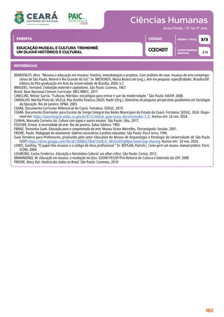 Ciências Humanas
CARGA HORÁRIA
SEMANAL
PÁGINA / TOTAL
CÓDIGO
EMENTA
Anos Finais - 6º Ao 9º ano
2 H
3/3
CCECH017
EDUCAÇÃO MUSEAL E CULTURA TREMEMBÉ:
UM OLHAR HISTÓRICO E CULTURAL
REFERÊNCIAS
BEMVENUTI, Alice. “Museus e educação em museus: história, metodologias e projetos. Com análises de caso: museus de arte contempo-
rânea de São Paulo, Niterói e Rio Grande do Sul.” In: MEDEIROS, Maria Beatriz de (org.). Arte em pesquisa: especificidades. Brasília/DF:
Editora da Pós-graduação em Arte da Universidade de Brasília, 2004, v.2.
BRAUDEL, Fernand. Civilização material e capitalismo. São Paulo: Cosmos, 1967.
Brasil. Base Nacional Comum Curricular. MEC/BNCC, 2017.
CANCLINI, Néstor García. “Culturas Híbridas: estratégias para entrar e sair da modernidade.” São Paulo: EdUSP, 2008.
CARVALHO, Marília Pinto de; VILELA, Rita Amélia Teixeira; ZAGO, Nadir (Org.). Itinerários de pesquisa: perspectivas qualitativas em Sociologia
da Educação. Rio de Janeiro: DPA, 2003.
CEARÁ. Documento Curricular Referencial do Ceará. Fortaleza: SEDUC, 2019.
CEARÁ. Documento Orientador para Escolas de Tempo Integral das Redes Municipais do Estado do Ceará. Fortaleza: SEDUC, 2024. Dispo-
nível em: https://paicintegral.seduc.ce.gov.br/0712-ebook_guia-ceara_docorientador-1-3/. Acesso em: 24 nov. 2024.
CUNHA, Manuela Carneiro da. Cultura com aspas e outros ensaios. São Paulo: Ubu, 2017.
FISCHER, Ernest. A necessidade da arte. Rio de Janeiro: Zahar Editora. 1983.
FRANZ, Teresinha Sueli. Educação para a compreensão da arte: Museu Victor Meirelles. Florianópolis: Insular, 2001.
FREIRE, Paulo. Pedagogia da autonomia: Saberes necessários à prática educativa. São Paulo: Paz e terra, 1996.
Guia Temático para Professores, produzido pelo setor Educativo do Museu de Arqueologia e Etnologia da Universidade de São Paulo
(USP) https://drive.google.com/file/d/1D08bZLTBnK1XxilErO_AKrGmEPojWpvr/view?usp=sharing. Acesso em: 24 nov. 2024.
LEWIS, Geofrey. “O papel dos museus e o código de ética profissional.” In: BOYLAN, Patrick J. Como gerir um museu: manual prático. Paris:
ICOM, 2004.
LOUREIRO, Carlos Frederico. Educação e Patrimônio Cultural: um olhar crítico. São Paulo: Cortez, 2012.
MARANDINO, M. Educação em museus: a mediação em foco. GEENF/FEUSP/Pró-Reitoria de Cultura e Extensão da USP. 2008
PRIORE, Mary Del. História dos índios no Brasil. São Paulo: Contexto, 2010.
182
 