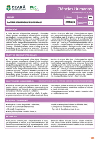 Ciências Humanas
CARGA HORÁRIA
SEMANAL
PÁGINA / TOTAL
CÓDIGO
EMENTA
Anos Finais - 6º Ao 9º ano
2 H
1/2
CCECH020
RACISMO, DESIGUALDADE E DIVERSIDADE
JUSTIFICATIVA
A Eletiva “Racismo, Desigualdade e Diversidade” é fundamen-
tal para promover uma educação crítica e inclusiva, permitindo
aos estudantes compreender as raízes históricas e sociais das
desigualdades que persistem em nossa sociedade. Em um país
marcado por profundas disparidades raciais, é essencial que o
ambiente escolar ofereça um espaço de reflexão sobre o impacto
do racismo estrutural e a importância de valorizar a diversidade.
Segundo a filósofa Angela Davis, “numa sociedade racista, não
basta não ser racista, é necessário ser antirracista”, destacando
a necessidade de ações proativas para a desconstrução do pre-
conceito e da exclusão. Além disso, a Eletiva proporciona aos alu-
nos a oportunidade de entender a diversidade como uma força
transformadora, capaz de fortalecer a convivência democrática e
a justiça social. Como afirma Boaventura de Sousa Santos, “a di-
versidade cultural é um dos pilares da emancipação social”, res-
saltando que a valorização das diferentes identidades e culturas
é crucial para a construção de uma sociedade mais equitativa. Ao
abordar essas temáticas, a disciplina contribui para a formação
de cidadãos conscientes, preparados para enfrentar e transfor-
mar as desigualdades que marcam o Brasil e o mundo.
OBJETIVO(S) DE ENSINO/APRENDIZAGEM
‣A Eletiva “Racismo, Desigualdade e Diversidade” é fundamen-
tal para promover uma educação crítica e inclusiva, permitindo
aos estudantes compreender as raízes históricas e sociais das
desigualdades que persistem em nossa sociedade. Em um país
marcado por profundas disparidades raciais, é essencial que o
ambiente escolar ofereça um espaço de reflexão sobre o impacto
do racismo estrutural e a importância de valorizar a diversidade.
Segundo a filósofa Angela Davis, “numa sociedade racista, não
basta não ser racista, é necessário ser antirracista”, destacando
a necessidade de ações proativas para a desconstrução do pre-
conceito e da exclusão. Além disso, a Eletiva proporciona aos alu-
nos a oportunidade de entender a diversidade como uma força
transformadora, capaz de fortalecer a convivência democrática
e a justiça social. Como afirma Boaventura de Sousa Santos, “a
diversidade cultural é um dos pilares da emancipação social”, res-
saltando que a valorização das diferentes identidades e culturas
é crucial para a construção de uma sociedade mais equitativa. Ao
abordar essas temáticas, a disciplina contribui para a formação
de cidadãos conscientes, preparados para enfrentar e transfor-
mar as desigualdades que marcam o Brasil e o mundo.
‣Identificar interpretações que expressem visões de diferentes
sujeitos, culturas e povos com relação a um mesmo contexto his-
tórico e posicionar-se criticamente com base em princípios éticos,
democráticos, inclusivos, sustentáveis e solidários;
‣Compreender acontecimentos históricos, relações de poder e
processos e mecanismos de transformação e manutenção das es-
truturas sociais, políticas, econômicas e culturais ao longo do tem-
po e em diferentes espaços para analisar, posicionar-se e intervir
no mundo contemporâneo;
‣Desenvolver a autonomia, a crítica, a autoria e o trabalho coleti-
vo e colaborativo nas artes.
COMPETÊNCIAS E HABILIDADES DCRC EF06HI05; EF09HI03; EF09HI04; EF09HI08; EF09HI09; EF09HI18; EF09HI22; EF69AR32.
METODOLOGIA
‣Este percurso formativo prevê a adoção do método de resolu-
ção de problemas ou desafios, o qual tem como estrutura mo-
mentos conjuntos de identificação do problema e desafio, análise
de contextos reais, pesquisa e análise de textos diversos, trocas
reflexivas e debates, atividades práticas e projetos interdiscipli-
nares. Serão utilizados recursos audiovisuais e feitas visitas a ins-
tituições e outros estabelecimentos para trocas com membros da
comunidade de entorno.
OBJETOS DE CONHECIMENTO
‣Definição de racismo, desigualdade e diversidade;
‣História do racismo no Brasil e no mundo;
‣Identidade étnica e cultural;
‣Leis e políticas públicas contra discriminação;
‣Importância da representatividade em diferentes áreas;
‣Como promover um ambiente inclusivo;
‣Expressão da diversidade por meio da arte.
189
 