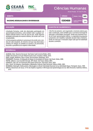 Ciências Humanas
CARGA HORÁRIA
SEMANAL
PÁGINA / TOTAL
CÓDIGO
EMENTA
Anos Finais - 6º Ao 9º ano
AVALIAÇÃO
‣Avaliação formativa, onde são observados participação em
apresentações/seminários, como também toda e qualquer ati-
vidade realizada dentro e fora de sala de aula, sendo algumas
atividades pontuadas de maneira distinta, de acordo com a sua
complexidade;
‣Outra proposta avaliativa é a processual, de acordo com a con-
duta de cada estudante, de maneira com que seja observada a
conduta em relação ao combate ao racismo e ao preconceito,
buscando a prevalência do respeito à diversidade.
SUGESTÃO DE CULMINÂNCIA(S):
‣No fim do semestre, será organizado o momento aberto para
toda a instituição, como também para a secretaria municipal de
educação e autoridades municipais. Sendo esse momento foca-
do em trazer apresentações lúdicas, e a exposição de pesquisas
juntamente com trabalhos realizados durante todo o bimestre,
tendo em vista que é necessário expor tudo que foi trabalhado
durante o semestre.
2 H
2/2
CCECH020
RACISMO, DESIGUALDADE E DIVERSIDADE
REFERÊNCIAS
ALMEIDA, Silvio. Racismo Estrutural. São Paulo: Sueli Carneiro/Polén, 2018.
CEARÁ. Documento Curricular Referencial do Ceará. Fortaleza: SEDUC, 2019.
DAVIS, Angela. Mulheres, Raça e Classe. Rio de Janeiro: Boitempo, 2016.
FERNANDES, Florestan. A Integração do Negro na Sociedade de Classes. São Paulo: Globo, 2008.
FREYRE, Gilberto. Casa-Grande  Senzala. 48ª edição. São Paulo: Global, 2003.
GONZALEZ, Lélia. Por um Feminismo Afro-latino-americano. São Paulo: Zahar, 2020.
HALL, Stuart. Da Diáspora: Identidades e Mediações Culturais. Belo Horizonte: Editora UFMG, 2003.
MUNANGA, Kabengele. Rediscutindo a Mestiçagem no Brasil: Identidade Nacional versus Identidade Negra. Petrópolis: Vozes, 1999.
SANTOS, Boaventura de Sousa. O Fim do Império Cognitivo: A Afirmação das Epistemologias do Sul. Belo Horizonte: Autêntica Editora,
2019.
190
 