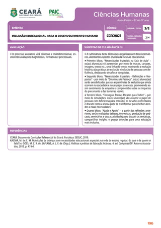 Ciências Humanas
CARGA HORÁRIA
SEMANAL
PÁGINA / TOTAL
CÓDIGO
EMENTA
Anos Finais - 6º Ao 9º ano
AVALIAÇÃO
‣O processo avaliativo será contínuo e multidimensional, en-
volvendo avaliações diagnósticas, formativas e processuais.
SUGESTÃO DE CULMINÂNCIA(S):
‣A culminância desta Eletiva será organizada em blocos temáti-
cos, abordando aspectos cruciais da inclusão educacional.
‣Primeiro bloco, “Necessidades Especiais na Sala de Aula” -
os(as) alunos(as) vã apresentar, por meio de murais, cartazes,
imagens, textos etc., uma linha do tempo mostrando a evolução
histórica das práticas de exclusão e inclusão de pessoas com de-
ficiência, destacando desafios e conquistas.
‣Segundo bloco, “Necessidades Especiais - Definições e Res-
postas” - por meio da “Dinâmica do Pescoço”, os(as) alunos(as)
serão sensibilizados para as experiências de exclusão que ainda
ocorrem na sociedade e nos espaços da escola, promovendo as-
sim sentimento de empatia e compreensão sobre os impactos
do preconceito e das barreiras sociais;
‣Terceiro bloco, “Conseguir Escolas Eficazes para Todos” – por
meio de simulações, os(as) alunos(as) vão assumir o papel de
pessoas com deficiência para entender os desafios enfrentados
e discutir como a escola pode se transformar para melhor aten-
der a essas necessidades;
‣Quarto bloco, “Ajuda e Apoio” – a partir das reflexões ante-
riores, serão realizados debates, entrevistas, produção de pod-
casts, seminários e outras atividades para discutir as temáticas,
compartilhar insights e propor soluções para uma educação
mais inclusiva.
2 H
2/2
CCECH023
INCLUSÃO EDUCACIONAL PARA O DESENVOLVIMENTO HUMANO
REFERÊNCIAS
CEARÁ. Documento Curricular Referencial do Ceará. Fortaleza: SEDUC, 2019.
KASSAR, M. de C. M. Matrículas de crianças com necessidades educacionais especiais na rede de ensino regular: do que e de quem se
fala? In: GÓES, M. C. R. de; LAPLANE, A. L. F. de (Orgs.). Políticas e práticas de Educação Inclusiva. 4. ed. Campinas/SP: Autores Associa-
dos, 2013. p. 47-64.
196
 