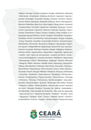 Abaiara • Acarape • Acaraú • Acopiara • Aiuaba • Alcântaras • Altaneira
• Alto Santo • Amontada • Antonina do Norte • Apuiarés • Aquiraz •
Aracati • Aracoiaba • Ararendá • Araripe • Aratuba • Arneiroz • Assaré •
Aurora • Baixio • Banabuiú • Barbalha • Barreira • Barro • Barroquinha •
Baturité • Beberibe • Bela Cruz • Boa Viagem • Brejo Santo • Camocim
• Campos Sales • Canindé • Capistrano • Caridade • Caririaçu • Cariré •
Cariús • Carnaubal • Cascavel • Catarina • Catunda • Caucaia • Cedro •
Chaval • Chorozinho • Choró • Coreaú • Crateús • Crato • Croatá • Cruz •
Deputado Irapuan Pinheiro • Ererê • Eusébio • Farias Brito • Forquilha •
Fortaleza • Fortim • Frecheirinha • Gereral Sampaio • Granja • Granjeiro
• Graça • Groaíras • Guaiúba • Guaraciaba do Norte • Guaramiranga •
Hidrolândia • Horizonte • Ibaretama • Ibiapina • Ibicuitinga • Icapuí •
Icó • Iguatu • Independência • Ipaporanga • Ipaumirim • Ipu • Ipueiras •
Iracema • Irauçuba • Itaitinga • Itaiçaba • Itapajé • Itapipoca • Itapiúna •
Itarema • Itatira • Jaguaretama • Jaguaribara • Jaguaribe • Jaguaruana
• Jardim • Jati • Jijoca de Jericoacoara • Juazeiro do Norte • Jucás •
Lavras da Mangabeira • Limoeiro do Norte • Madalena • Maracanaú
• Maranguape • Marco • Martinólope • Massapê • Mauriti • Meruoca
• Milagres • Milhã • Miraíma • Missão Velha • Mombaça • Monsenhor
Tabosa • Morada Nova • Moraújo • Morrinhos • Mucambo • Mulungu •
Nova Olinda • Nova Russas • Novo Oriente • Ocara • Orós • Pacajus •
Pacatuba • Pacoti • Pacujá • Palhano • Palmácia • Paracuru • Paraipaba
• Parambú • Paramoti • Pedra Branca • Penaforte • Pentecoste •
Pereiro • Pindoretama • Piquet Carneiro • Pires Ferreira • Poranga
• Porteiras • Potengi • Potiretama • Quiterianópolis • Quixadá •
Quixelô • Quixeramobim • Quixeré • Redenção • Reriutaba • Russas
• Saboeiro • Salitre • Santa Quitéria • Santana do Acaraú • Santana
do Cariri • Senador Pompeu • Senador Sá • Sobral • Solonópole •
São Benedito • São Gonçalo do Amarante • São João do Jaguaribe
• São Luís do Curu • Tabuleiro do Norte • Tamboril • Tarrafas • Tauá
• Tejuçuoca • Tianguá • Trairi • Tururu • Ubajara • Umari • Umirim •
Uruburetama • Uruoca • Varjota • Várzea Alegre • Viçosa do Ceará
 