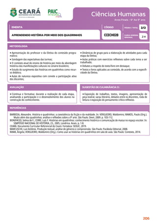 Ciências Humanas
CARGA HORÁRIA
SEMANAL
PÁGINA / TOTAL
CÓDIGO
EMENTA
Anos Finais - 6º Ao 9º ano
METODOLOGIA
‣Apresentação do professor e da Eletiva do conteúdo progra-
mático;
‣Sondagem das expectativas das turmas;
‣O contexto atual do ensino de história por meio da abordagem
histórica das manifestações culturais no cenário brasileiro;
‣Estudo do surgimento das histórias em quadrinhos como recur-
so didático;
‣Aulas de natureza expositiva com convite a participação ativa
dos discentes;
‣Dinâmicas de grupo para a elaboração de atividades para cada
etapa da Eletiva;
‣Aulas práticas com exercícios reflexivos sobre cada tema a ser
trabalhado;
‣Debates a respeito do texto/livro em destaque;
‣Textos e livros aplicados ao conteúdo, de acordo com a especifi-
cidade da Eletiva.
AVALIAÇÃO
‣Contínua e formativa: durante a realização de cada etapa,
analisando a participação e o desenvolvimento dos alunos na
construção do conhecimento.
SUGESTÃO DE CULMINÂNCIA(S):
‣Exposição de trabalhos, textos, imagens, apresentação de
peça teatral, sarau literário, debates entre os discentes, roda de
leitura e exposição do pensamento crítico-reflexivo.
2 H
2/2
CCECH028
APRENDENDO HISTÓRIA POR MEIO DOS QUADRINHOS
REFERÊNCIAS
BARBOSA, Alexandre. História e quadrinhos: a coexistência da ficção e da realidade. In: VERGUEIRO, Waldomiro; RAMOS, Paulo (Org.).
Muito além dos quadrinhos: análise e reflexões sobre a 9ª arte. São Paulo: Devir, 2009. p. 103-112.
BONIFÁCIO, Selma de F.; CERRI, Luís F. Histórias em quadrinhos: conhecimento histórico e comunicação de massa no espaço escolar. In:
SIMPÓSIO NACIONAL DE HISTÓRIA, 23., 2005, Londrina. Anais. p. 1-8.
CEARÁ. Documento Curricular Referencial do Ceará. Fortaleza: SEDUC, 2019.
MARCUSCHI, Luiz Antônio. Produção textual, análise de gêneros e compreensão. São Paulo: Parábola Editorial, 2008.
RAMA, Ângela; VERGUEIRO, Waldomiro (Org.). Como usar as histórias em quadrinhos em sala de aula. São Paulo: Contexto, 2014.
206
 