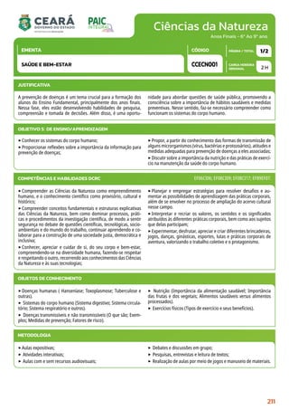 Ciências da Natureza
CARGA HORÁRIA
SEMANAL
PÁGINA / TOTAL
CÓDIGO
EMENTA
Anos Finais - 6º Ao 9º ano
2 H
1/2
CCECN001
SAÚDE E BEM-ESTAR
JUSTIFICATIVA
A prevenção de doenças é um tema crucial para a formação dos
alunos do Ensino Fundamental, principalmente dos anos finais.
Nessa fase, eles estão desenvolvendo habilidades de pesquisa,
compreensão e tomada de decisões. Além disso, é uma oportu-
nidade para abordar questões de saúde pública, promovendo a
consciência sobre a importância de hábitos saudáveis e medidas
preventivas. Nesse sentido, faz-se necessário compreender como
funcionam os sistemas do corpo humano.
OBJETIVO(S) DE ENSINO/APRENDIZAGEM
‣Conhecer os sistemas do corpo humano;
‣Proporcionar reflexões sobre a importância da informação para
prevenção de doenças;
‣Propor, a partir do conhecimento das formas de transmissão de
alguns microrganismos (vírus, bactérias e protozoários), atitudes e
medidas adequadas para prevenção de doenças a eles associadas;
‣Discutir sobre a importância da nutrição e das práticas de exercí-
cio na manutenção da saúde do corpo humano.
COMPETÊNCIAS E HABILIDADES DCRC
‣Compreender as Ciências da Natureza como empreendimento
humano, e o conhecimento científico como provisório, cultural e
histórico;
‣Compreender conceitos fundamentais e estruturas explicativas
das Ciências da Natureza, bem como dominar processos, práti-
cas e procedimentos da investigação científica, de modo a sentir
segurança no debate de questões científicas, tecnológicas, socio-
ambientais e do mundo do trabalho, continuar aprendendo e co-
laborar para a construção de uma sociedade justa, democrática e
inclusiva;
‣Conhecer, apreciar e cuidar de si, do seu corpo e bem-estar,
compreendendo-se na diversidade humana, fazendo-se respeitar
e respeitando o outro, recorrendo aos conhecimentos das Ciências
da Natureza e às suas tecnologias;
‣Planejar e empregar estratégias para resolver desafios e au-
mentar as possibilidades de aprendizagem das práticas corporais,
além de se envolver no processo de ampliação do acervo cultural
nesse campo.
‣Interpretar e recriar os valores, os sentidos e os significados
atribuídos às diferentes práticas corporais, bem como aos sujeitos
que delas participam;
‣Experimentar, desfrutar, apreciar e criar diferentes brincadeiras,
jogos, danças, ginásticas, esportes, lutas e práticas corporais de
aventura, valorizando o trabalho coletivo e o protagonismo.
EF06CI06; EF08CI09; EF08CI17; EF89EF07.
METODOLOGIA
‣Aulas expositivas;
‣ Atividades interativas;
‣ Aulas com e sem recursos audiovisuais;
‣ Debates e discussões em grupo;
‣ Pesquisas, entrevistas e leitura de textos;
‣ Realização de aulas por meio de jogos e manuseio de materiais.
OBJETOS DE CONHECIMENTO
‣Doenças humanas ( Hanseníase; Toxoplasmose; Tuberculose e
outras).
‣ Sistemas do corpo humano (Sistema digestivo; Sistema circula-
tório; Sistema respiratório e outros).
‣ Doenças transmissíveis e não transmissíveis (O que são; Exem-
plos; Medidas de prevenção; Fatores de risco).
‣ Nutrição (Importância da alimentação saudável; Importância
das frutas e dos vegetais; Alimentos saudáveis versus alimentos
processados).
‣ Exercícios físicos (Tipos de exercício e seus benefícios).
211
 