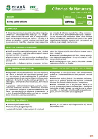 Ciências da Natureza
CARGA HORÁRIA
SEMANAL
PÁGINA / TOTAL
CÓDIGO
EMENTA
Anos Finais - 6º Ao 9º ano
2 H
1/2
CCECN002
SAÚDE, CORPO E MENTE
JUSTIFICATIVA
A Eletiva visa proporcionar aos alunos uma prática integrativa,
unindo ioga e conceitos de Ciências e Educação Física para pro-
mover o bem-estar físico e mental. Além de uma prática física,
ioga é uma ferramenta poderosa que melhora a concentração, a
postura, a respiração e o controle emocional, contribuindo para
o desenvolvimento integral dos estudantes. Integrar essa prática
aos conteúdos de Ciências e Educação Física reforça a compreen-
são do corpo humano, do funcionamento biológico e dos benefí-
cios das atividades físicas para a saúde mental. Em um ambiente
escolar, onde o estresse e a ansiedade são comuns, a ioga auxilia
no estímulo das habilidades socioemocionais e promovendo um
ambiente de aprendizado mais harmônico.
OBJETIVO(S) DE ENSINO/APRENDIZAGEM
‣Identificar os efeitos da respiração consciente sobre o sistema
nervoso e compreender o impacto das práticas corporais sobre os
sistemas respiratório e circulatório;
‣Executar posturas de ioga com controle e atenção ao alinha-
mento corporal e à respiração, aprimorando o autocontrole físico
e mental;
‣Compreender a relação entre práticas corporais e o funciona-
mento dos sistemas corporais, com ênfase nos sistemas respira-
tório e circulatório;
‣Desenvolver habilidades de autoconsciência, controle respirató-
rio e relaxamento para melhorar o foco, a concentração e o rela-
cionamento interpessoal;
‣Aplicar conhecimentos sobre o impacto das práticas corporais
na saúde mental e física no dia a dia.
‣Compreender conceitos fundamentais e estruturas explicativas
das Ciências da Natureza, bem como dominar processos, práti-
cas e procedimentos da investigação científica, de modo a sentir
segurança no debate de questões científicas, tecnológicas, socio-
ambientais e do mundo do trabalho, continuar aprendendo e co-
laborar para a construção de uma sociedade justa, democrática e
inclusiva;
‣Agir pessoal e coletivamente com respeito, autonomia, respon-
sabilidade, flexibilidade, resiliência e determinação, recorrendo
aos conhecimentos das Ciências da Natureza para tomar decisões
frente a questões científico-tecnológicas e socioambientais e a
respeito da saúde individual e coletiva, com base em princípios
éticos, democráticos, sustentáveis e solidários;
‣Compreender as Ciências da Natureza como empreendimento
humano, e o conhecimento científico como provisório, cultural e
histórico;
‣Experimentar, desfrutar, apreciar e criar diferentes brincadeiras,
jogos, danças, ginásticas, esportes, lutas e práticas corporais de
aventura, valorizando o trabalho coletivo e o protagonismo;
‣Refletir, criticamente, sobre as relações entre a realização das
práticas corporais e os processos de saúde/doença, inclusive no
contexto das atividades laborais. Interpretar e recriar os valores,
os sentidos e os significados atribuídos às diferentes práticas cor-
porais, bem como aos sujeitos que delas participam.
COMPETÊNCIAS E HABILIDADES DCRC EF06CI07; EF06CI09; EF08CI17; EF67EF08; EF89EF10; EF89EF11.
OBJETOS DE CONHECIMENTO
‣Sistemas respiratório e circulatório;
‣Conceitos básicos de ioga e respiração;
‣Autoconsciência, saúde mental e autocontrole emocional;
‣Estudos de casos sobre os impactos positivos do ioga em am-
bientes educacionais.
213
 