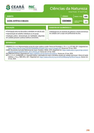 Ciências da Natureza
CARGA HORÁRIA
SEMANAL
PÁGINA / TOTAL
CÓDIGO
EMENTA
Anos Finais - 6º Ao 9º ano
AVALIAÇÃO
‣Participação ativa nas discussões e atividades em sala de aula;
‣Apresentação de trabalhos individuais ou em grupo;
‣Avaliação prática: demonstração de habilidades adquiridas
em cuidados pessoais e práticas estéticas conscientes.
SUGESTÃO DE CULMINÂNCIA(S):
‣Realização de um momento de palestras e mostra de técnicas
de cuidados com o corpo com profissionais da área.
2 H
2/2
CCECN004
SAÚDE, ESTÉTICA E BELEZA
REFERÊNCIAS
CAMARGO, B. V. et al. Representações sociais do corpo: estética e saúde. Temas em Psicologia, v. 19, n. 1, p. 257-268, 2011. Disponível em:
https://www.scielo.br/j/ptp/a/XJTvDh7DNdbMfwLLPZrXpbF/?utm_source=chatgpt.com. Acesso em: 22 nov. 2024.
CEARÁ. Documento Curricular Referencial do Ceará. Fortaleza: SEDUC, 2019. Disponível em: https://www.seduc.ce.gov.br/wp-content/
uploads/sites/37/2020/02/DCRC_2019_OFICIAL.pdf. Acesso em: 22 nov. 2024.
HISTÓRIA DA ESTÉTICA. Disponível em: https://valelaser.com.br/historia-da-estetica/. Acesso em: 22 nov. 2024.
WITT, J. S. G. Z.; SCHNEIDER, A. P. Nutrição Estética: valorização do corpo e da beleza através do cuidado nutricional. Ciência  Saúde
Coletiva, v. 16, p. 3909-3916, 2011. Disponível em: https://www.scielo.br/j/csc/a/Lv9C5Lf49BLpmg7fzjTZRrw/?lang=pt. Acesso em:
22 nov. 2024.
218
 