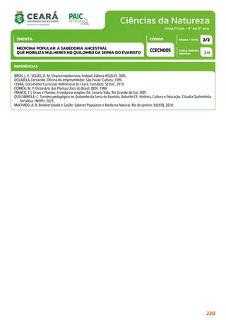 Ciências da Natureza
CARGA HORÁRIA
SEMANAL
PÁGINA / TOTAL
CÓDIGO
EMENTA
Anos Finais - 6º Ao 9º ano
2 H
2/2
CCECN005
MEDICINA POPULAR: A SABEDORIA ANCESTRAL
QUE MOBILIZA MULHERES NO QUILOMBO DA SERRA DO EVARISTO
REFERÊNCIAS
BRIDI, J. V.; SOUZA, O. M. Empreendedorismo. Indaial: Editora ASSELVI, 2005.
DOLABELA, Fernando. Oficina do empreendedor. São Paulo: Cultura, 1999.
CEARÁ. Documento Curricular Referencial do Ceará. Fortaleza: SEDUC, 2019.
CORRÊA, M. P. Dicionário das Plantas Úteis do Brasil. IBDF, 1984.
FRANCO, I. J. Ervas e Plantas: A medicina simples. Ed. Livraria Vida, Rio Grande do Sul, 2001.
QUILOMBOLA, C. Turismo pedagógico no Quilombo da Serra do Evaristo, Baturité-CE: História, Cultura e Educação. Cláudia Quilombola.
Fortaleza: IMEPH, 2023.
MACHADO, A. B. Biodiversidade e Saúde: Saberes Populares e Medicina Natural. Rio de Janeiro: EdUERJ, 2018.
220
 