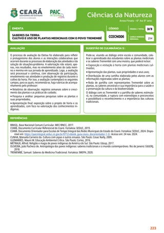 Ciências da Natureza
CARGA HORÁRIA
SEMANAL
PÁGINA / TOTAL
CÓDIGO
EMENTA
Anos Finais - 6º Ao 9º ano
AVALIAÇÃO
O processo de avaliação da Eletiva foi elaborado para refletir
o protagonismo dos alunos e as interações colaborativas que
ocorrem durante os processos de elaboração das atividades e da
solução de situações-problema. A valorização não estará, ape-
nas, nos resultados, mas no envolvimento ativo de cada meni-
no e menina em sua jornada de aprendizado. Logo, a avaliação
será processual e contínua, com observação da participação,
envolvimento nas atividades e produção de registros durante o
cultivo da horta. Por isso, a avaliação contemplará os seguintes
campos, para os quais, recomenda-se, haja rubricas de acompa-
nhamento pelo professor:
‣Relatórios de observação: registros semanais sobre o cresci-
mento das plantas e as práticas de cuidado;
‣Pesquisa e análise: pequenas pesquisas sobre as plantas e
suas propriedades;
‣Apresentação final: exposição sobre o projeto de horta e os
aprendizados, com foco na valorização dos conhecimentos in-
dígenas.
SUGESTÃO DE CULMINÂNCIA(S):
Pode-se, visando ao diálogo entre escola e comunidade, cele-
brar o aprendizado dos estudantes sobre as plantas medicinais
e os saberes Tremembé com uma mostra, que poderá incluir:
‣ Exposição e visitação à horta com plantas medicinais cul-
tivadas;
‣Apresentação das plantas, suas propriedades e seus usos;
‣Distribuição de uma cartilha elaborada pelos alunos com as
informações registradas sobre as plantas;
‣Roda de partilha com representantes Tremembé sobre as
plantas, os saberes ancestrais e sua importância para a saúde e
a preservação da cultura e da biodiversidade.
O diálogo com os Tremembé e a partilha de saberes estimula-
rá, na comunidade, a ruptura com estereótipos e preconceitos
e possibilitará o reconhecimento e a importância das culturas
tradicionais.
2 H
3/3
CCECN006
SABERES DA TERRA:
CULTIVO E USO DE PLANTAS MEDICINAIS COM O POVO TREMEMBÉ
REFERÊNCIAS
BRASIL. Base Nacional Comum Curricular. MEC/BNCC, 2017.
CEARÁ. Documento Curricular Referencial do Ceará. Fortaleza: SEDUC, 2019.
CEARÁ. Documento Orientador para Escolas de Tempo Integral das Redes Municipais do Estado do Ceará. Fortaleza: SEDUC, 2024. Dispo-
nível em: https://paicintegral.seduc.ce.gov.br/0712-ebook_guia-ceara_docorientador-1-3/. Acesso em: 24 nov. 2024.
CUNHA, Manuela Carneiro da. Cultura com aspas e outros ensaios. São Paulo: Cosac Naify, 2009.
GUIMARÃES, Mauro W. Educação Ambiental Crítica. São Paulo: Cortez, 2016.
MÉTRAUX, Alfred. Religião e magia de povos indígenas da América do Sul. São Paulo: Edusp, 2017.
OLIVEIRA, João Pacheco de. Antropologia dos povos indígenas: saberes tradicionais e o mundo contemporâneo. Rio de Janeiro: EdUERJ,
2018.
TREMEMBÉ, Samuel. Saberes da Medicina Tradicional. Fortaleza: IMEPH, 2020.
223
 