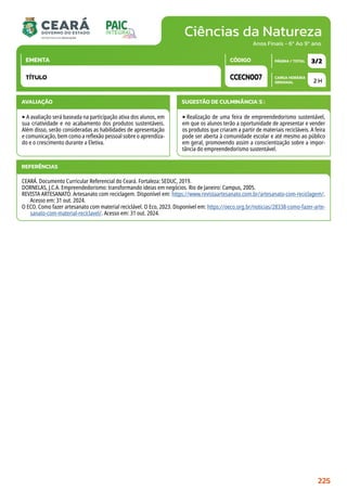 Ciências da Natureza
CARGA HORÁRIA
SEMANAL
PÁGINA / TOTAL
CÓDIGO
EMENTA
Anos Finais - 6º Ao 9º ano
AVALIAÇÃO
‣A avaliação será baseada na participação ativa dos alunos, em
sua criatividade e no acabamento dos produtos sustentáveis.
Além disso, serão consideradas as habilidades de apresentação
e comunicação, bem como a reflexão pessoal sobre o aprendiza-
do e o crescimento durante a Eletiva.
SUGESTÃO DE CULMINÂNCIA(S):
‣Realização de uma feira de empreendedorismo sustentável,
em que os alunos terão a oportunidade de apresentar e vender
os produtos que criaram a partir de materiais recicláveis. A feira
pode ser aberta à comunidade escolar e até mesmo ao público
em geral, promovendo assim a conscientização sobre a impor-
tância do empreendedorismo sustentável.
2 H
3/2
CCECN007
TÍTULO
REFERÊNCIAS
CEARÁ. Documento Curricular Referencial do Ceará. Fortaleza: SEDUC, 2019.
DORNELAS, J.C.A. Empreendedorismo: transformando ideias em negócios. Rio de Janeiro: Campus, 2005.
REVISTA ARTESANATO. Artesanato com reciclagem. Disponível em: https://www.revistaartesanato.com.br/artesanato-com-reciclagem/.
Acesso em: 31 out. 2024.
O ECO. Como fazer artesanato com material reciclável. O Eco, 2023. Disponível em: https://oeco.org.br/noticias/28338-como-fazer-arte-
sanato-com-material-reciclavel/. Acesso em: 31 out. 2024.
225
 