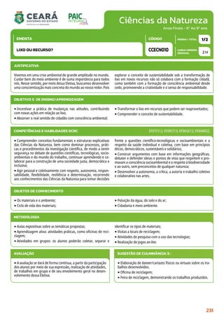 Ciências da Natureza
CARGA HORÁRIA
SEMANAL
PÁGINA / TOTAL
CÓDIGO
EMENTA
Anos Finais - 6º Ao 9º ano
2 H
1/2
CCECN010
LIXO OU RECURSO?
JUSTIFICATIVA
Vivemos em uma crise ambiental de grande amplitude no mundo.
Cuidar bem do meio ambiente é de suma importância para todos
nós. Nesse sentido, por meio dessa Eletiva, buscamos desenvolver
uma conscientização mais concreta do mundo ao nosso redor. Pois
explorar o conceito de sustentabilidade sob a transformação de
lixo em novos recursos não só colabora com a formação cidadã,
como também com a formação de consciência ambiental desde
cedo, promovendo a criatividade e o senso de responsabilidade.
OBJETIVO(S) DE ENSINO/APRENDIZAGEM
‣Incentivar a prática de mudanças nas atitudes, contribuindo
com novas ações em relação ao lixo;
‣Absorver o real sentido de cidadão com consciência ambiental;
‣Transformar o lixo em recursos que podem ser reaproveitados;
‣Compreender o conceito de sustentabilidade.
‣Compreender conceitos fundamentais e estruturas explicativas
das Ciências da Natureza, bem como dominar processos, práti-
cas e procedimentos da investigação científica, de modo a sentir
segurança no debate de questões científicas, tecnológicas, socio-
ambientais e do mundo do trabalho, continuar aprendendo e co-
laborar para a construção de uma sociedade justa, democrática e
inclusiva;
‣Agir pessoal e coletivamente com respeito, autonomia, respon-
sabilidade, flexibilidade, resiliência e determinação, recorrendo
aos conhecimentos das Ciências da Natureza para tomar decisões
frente a questões científico-tecnológicas e socioambientais e a
respeito da saúde individual e coletiva, com base em princípios
éticos, democráticos, sustentáveis e solidários;
‣Construir argumentos com base em informações geográficas,
debater e defender ideias e pontos de vista que respeitem e pro-
movam a consciência socioambiental e o respeito à biodiversidade
e ao outro, sem preconceitos de qualquer natureza;
‣Desenvolver a autonomia, a crítica, a autoria e trabalho coletivo
e colaborativo nas artes.
COMPETÊNCIAS E HABILIDADES DCRC EF07CI12; EF09CI13; EF06GE12; EF69AR32.
METODOLOGIA
‣Aulas expositivas sobre as temáticas propostas;
‣Aprendizagem ativa: atividades práticas, como oficinas de reci-
clagem;
‣Atividades em grupos: os alunos poderão coletar, separar e
identificar os tipos de materiais;
‣Visitas a locais de reciclagem;
‣Atividades de pesquisa com o uso das tecnologias;
‣Realização de jogos on-line.
OBJETOS DE CONHECIMENTO
‣Os materiais e o ambiente;
‣Ciclo de vida dos materiais;
‣Poluição da água, do solo e do ar;
‣Cidadania e meio ambiente.
AVALIAÇÃO
‣A avaliação se dará de forma contínua, a partir da participação
dos alunos por meio de sua expressão, realização de atividades,
de trabalhos em grupo e de seu envolvimento geral no desen-
volvimento dessa Eletiva.
SUGESTÃO DE CULMINÂNCIA(S):
‣Elaboração de banner/cartazes físicos ou virtuais sobre os tra-
balhos desenvolvidos.
‣Oficina de reciclagem;
‣Feira de reciclagem, demonstrando os trabalhos produzidos.
231
 