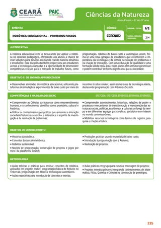 Ciências da Natureza
CARGA HORÁRIA
SEMANAL
PÁGINA / TOTAL
CÓDIGO
EMENTA
Anos Finais - 6º Ao 9º ano
2 H
1/2
CCECN012
ROBÓTICA EDUCACIONAL – PRIMEIROS PASSOS
JUSTIFICATIVA
A robótica educacional vem se destacando por aplicar a robóti-
ca no contexto pedagógico, oferecendo aos alunos a chance de
criar soluções para desafios do mundo real de maneira dinâmica
e envolvente. Essa disciplina também proporciona aos estudantes
acesso a tecnologias avançadas e a oportunidade de desenvolver
competências cruciais para o mercado de trabalho futuro, como
programação, robótica de baixo custo e automação. Assim, for-
ma-se uma nova geração de estudantes que reconhecem a im-
portância da tecnologia e da ciência na solução de problemas e
na criação de inovações. Com uma educação de qualidade e uma
formação sólida nessa área, esses alunos têm um futuro promissor
e podem contribuir de forma significativa para a sociedade.
OBJETIVO(S) DE ENSINO/APRENDIZAGEM
‣Desenvolver atividades de robótica educacional, utilizando pla-
taformas de simulação e experimentos de baixo custo por meio do
incentivo à cultura maker, assim como o uso de tecnologia aberta,
destacando programação com Arduino e Scratch.
‣Compreender as Ciências da Natureza como empreendimento
humano, e o conhecimento científico como provisório, cultural e
histórico;
‣Utilizar os conhecimentos geográficos para entender a interação
sociedade/natureza e exercitar o interesse e o espírito de investi-
gação e de resolução de problemas;
‣Compreender acontecimentos históricos, relações de poder e
processos e mecanismos de transformação e manutenção das es-
truturas sociais, políticas, econômicas e culturais ao longo do tem-
po e em diferentes espaços para analisar, posicionar-se e intervir
no mundo contemporâneo;
‣Mobilizar recursos tecnológicos como formas de registro, pes-
quisa e criação artística.
COMPETÊNCIAS E HABILIDADES DCRC EF07CI06; EF07GE08; EF08HI03; EF09HI06; EF69AR35.
METODOLOGIA
‣Aulas teóricas e práticas para ensinar conceitos de robótica,
aplicados em projetos maker, programação básica de Arduino no
Tinkercad, programação em blocos e tecnologias sustentáveis.
‣Aulas expositivas para introdução de conceitos e teorias;
‣Aulas práticas em grupo para estudo e montagem de projetos;
‣Projetos interdisciplinares integrando conhecimentos de Mate-
mática, Física, Química e Ciências na construção de protótipos.
OBJETOS DE CONHECIMENTO
‣Histórico da robótica;
‣Conceitos básicos de eletrônica;
‣Robótica sustentável;
‣Noções de programação, construção de projetos e jogos por
meio da plataforma Scratch;
‣Produções práticas usando materiais de baixo custo;
‣Introdução à programação com o Arduino;
‣Realização de projetos.
235
 