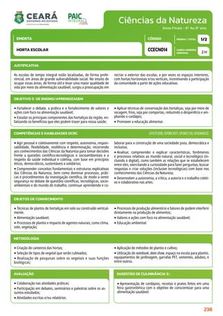 Ciências da Natureza
CARGA HORÁRIA
SEMANAL
PÁGINA / TOTAL
CÓDIGO
EMENTA
Anos Finais - 6º Ao 9º ano
2 H
1/2
CCECN014
HORTA ESCOLAR
JUSTIFICATIVA
As escolas de tempo integral estão localizadas, de forma prefe-
rencial, em áreas de grande vulnerabilidade social. No intuito de
ocupar essas áreas, de forma útil e levar uma maior qualidade de
vida por meio da alimentação saudável, surgiu a preocupação em
recriar o exterior das escolas, e por vezes os espaços interiores,
com hortas horizontais e/ou verticais, incentivando a participação
da comunidade a partir de ações educativas.
OBJETIVO(S) DE ENSINO/APRENDIZAGEM
‣Fortalecer o debate, a prática e o fortalecimento de valores e
ações com foco na alimentação saudável;
‣Estudar os principais componentes das hortaliças da região, en-
fatizando os benefícios que eles podem trazer para nossa saúde;
‣Aplicar técnicas de conservação das hortaliças, seja por meio de
secagem, frios, seja por comportas, reduzindo o desperdício e am-
pliando o cardápio;
‣Promover a educação alimentar.
‣Agir pessoal e coletivamente com respeito, autonomia, respon-
sabilidade, flexibilidade, resiliência e determinação, recorrendo
aos conhecimentos das Ciências da Natureza para tomar decisões
frente a questões científico-tecnológicas e socioambientais e a
respeito da saúde individual e coletiva, com base em princípios
éticos, democráticos, sustentáveis e solidários;
‣Compreender conceitos fundamentais e estruturas explicativas
das Ciências da Natureza, bem como dominar processos, práti-
cas e procedimentos da investigação científica, de modo a sentir
segurança no debate de questões científicas, tecnológicas, socio-
ambientais e do mundo do trabalho, continuar aprendendo e co-
laborar para a construção de uma sociedade justa, democrática e
inclusiva;
‣Analisar, compreender e explicar características, fenômenos
e processos relativos ao mundo natural, social e tecnológico (in-
cluindo o digital), como também as relações que se estabelecem
entre eles, exercitando a curiosidade para fazer perguntas, buscar
respostas e criar soluções (inclusive tecnológicas) com base nos
conhecimentos das Ciências da Natureza;
‣Desenvolver a autonomia, a crítica, a autoria e o trabalho coleti-
vo e colaborativo nas artes.
COMPETÊNCIAS E HABILIDADES DCRC EF07CI08; EF08CI07; EF08CI16; EF69AR32.
METODOLOGIA
‣Criação de canteiros das hortas;
‣Seleção de tipos de vegetal que serão cultivados;
‣ Realização de pesquisas sobre os vegetais e suas funções
biológicas;
‣Aplicação de métodos de plantio e cultivo;
‣Utilização de notebook, data show, espaço na escola para plantio,
equipamentos de jardinagem, garrafas PET, sementes, adubos, e
entre outros.
OBJETOS DE CONHECIMENTO
‣Técnicas de plantio de hortaliças em solo ou construído vertical-
mente.
‣Alimentação saudável;
‣Processos de plantio e impacto de agentes naturais, como clima,
solo, vegetação;
‣Processos de produção alimentício e fatores de podem interferir
diretamente na produção de alimentos;
‣Valores e ações com foco na alimentação saudável;
‣Educação ambiental.
AVALIAÇÃO
‣Colaboração nas atividades práticas;
‣Participação em debates, seminários e palestras sobre os as-
suntos estudados;
‣Atividades escritas e/ou relatórios.
SUGESTÃO DE CULMINÂNCIA(S):
‣Apresentação de cardápios, receitas e pratos feitos em uma
feira gastronômica com o objetivo de conscientizar para uma
alimentação saudável.
238
 