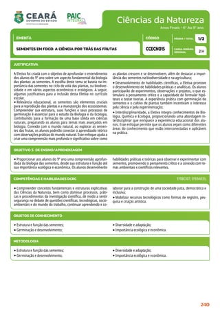 Ciências da Natureza
CARGA HORÁRIA
SEMANAL
PÁGINA / TOTAL
CÓDIGO
EMENTA
Anos Finais - 6º Ao 9º ano
2 H
1/2
CCECN015
SEMENTES EM FOCO: A CIÊNCIA POR TRÁS DAS FRUTAS
JUSTIFICATIVA
A Eletiva foi criada com o objetivo de aprofundar o entendimento
dos alunos do 9º ano sobre um aspecto fundamental da biologia
das plantas: as sementes. A escolha deste tema se baseia na im-
portância das sementes no ciclo de vida das plantas, na biodiver-
sidade e em vários aspectos econômicos e ecológicos. A seguir,
algumas justificativas para a inclusão desta Eletiva no currículo
escolar.
‣Relevância educacional, as sementes são elementos cruciais
para a reprodução das plantas e a manutenção dos ecossistemas.
Compreender sua estrutura, suas funções e seus processos de
germinação é essencial para o estudo da Biologia e da Ecologia,
contribuindo para a formação de uma base sólida em ciências
naturais, preparando os alunos para temas mais avançados em
biologia. Conexão com o mundo natural, ao explorar as semen-
tes das frutas, os alunos poderão conectar o aprendizado teórico
com observações práticas do mundo natural. Esse enfoque ajuda a
criar uma compreensão mais profunda e significativa sobre como
as plantas crescem e se desenvolvem, além de destacar a impor-
tância das sementes na biodiversidade e na agricultura;
‣Desenvolvimento de habilidades científicas, a Eletiva promove
o desenvolvimento de habilidades práticas e analíticas. Os alunos
participarão de experimentos, observações e projetos, o que es-
timulará o pensamento crítico e a capacidade de formular hipó-
teses e testar teorias. A experiência prática com germinação de
sementes e o cultivo de plantas também incentivam o interesse
pela ciência e pela experimentação;
‣Interdisciplinaridade, a Eletiva integra conhecimentos de Bio-
logia, Química e Ecologia, proporcionando uma abordagem in-
terdisciplinar que enriquece a experiência educacional dos alu-
nos. Esse enfoque permite que os alunos vejam como diferentes
áreas do conhecimento que estão interconectadas e aplicáveis
na prática.
OBJETIVO(S) DE ENSINO/APRENDIZAGEM
‣Proporcionar aos alunos do 9º ano uma compreensão aprofun-
dada da biologia das sementes, desde sua estrutura e função até
sua importância ecológica e econômica. Os alunos desenvolverão
habilidades práticas e teóricas para observar e experimentar com
sementes, promovendo o pensamento crítico e a conexão com te-
mas ambientais e científicos relevantes.
‣Compreender conceitos fundamentais e estruturas explicativas
das Ciências da Natureza, bem como dominar processos, práti-
cas e procedimentos da investigação científica, de modo a sentir
segurança no debate de questões científicas, tecnológicas, socio-
ambientais e do mundo do trabalho, continuar aprendendo e co-
laborar para a construção de uma sociedade justa, democrática e
inclusiva;
‣Mobilizar recursos tecnológicos como formas de registro, pes-
quisa e criação artística.
COMPETÊNCIAS E HABILIDADES DCRC EF08CI07; EF69AR35;
METODOLOGIA
‣Estrutura e função das sementes;
‣Germinação e desenvolvimento;
‣Diversidade e adaptação;
‣Importância ecológica e econômica.
OBJETOS DE CONHECIMENTO
‣Estrutura e função das sementes;
‣Germinação e desenvolvimento;
‣Diversidade e adaptação;
‣Importância ecológica e econômica.
240
 