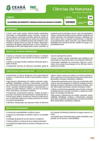 Ciências da Natureza
CARGA HORÁRIA
SEMANAL
PÁGINA / TOTAL
CÓDIGO
EMENTA
Anos Finais - 6º Ao 9º ano
2 H
1/2
CCECN020
GUARDIÕES DO NORDESTE: NOSSAS ESCOLHAS MUDAM O MUNDO
JUSTIFICATIVA
O Ceará, como muitos estados, enfrenta desafios significativos
relacionados à sustentabilidade urbana, incluindo o manejo de
recursos hídricos, urbanização acelerada e gestão de resíduos só-
lidos. Esta Eletiva visa proporcionar aos alunos uma compreensão
integrada de como as atividades humanas têm moldado e trans-
formado os espaços naturais ao longo da história, destacando a
importância de práticas sustentáveis para o futuro. Utilizando a
metodologia de RPG (Role-Playing Game) urbano sustentável, os
estudantes serão incentivados a pensar e agir como planejadores
urbanos, enfrentando desafios reais que simulam a gestão de uma
cidade sustentável. Esta abordagem interativa e gamificada visa
não só educar sobre os impactos socioambientais e a importân-
cia do planejamento urbano consciente, mas também fomentar
habilidades como tomada de decisão, trabalho em equipe e res-
ponsabilidade social.
OBJETIVO(S) DE ENSINO/APRENDIZAGEM
‣Analisar as interações entre atividades humanas e o ambiente
ao longo do tempo, usando conceitos de ciências, geografia e
história;
‣Analisar os principais desafios ambientais enfrentados pelas ci-
dades cearenses;
‣Compreender conceitos de urbanismo sustentável, gestão de
recursos e planejamento urbano;
‣Propor e debater soluções sustentáveis para problemas reais
relacionados ao crescimento urbano e seus impactos ambientais;
‣Desenvolver habilidades de comunicação, liderança e pensa-
mento crítico através da participação em um RPG que simula a
gestão de uma cidade.
‣Compreender as Ciências da Natureza como empreendimento
humano, e o conhecimento científico como provisório, cultural e
histórico;
‣Agir pessoal e coletivamente com respeito, autonomia, respon-
sabilidade, flexibilidade, resiliência e determinação, recorrendo
aos conhecimentos das Ciências da Natureza para tomar decisões
frente a questões científico-tecnológicas e socioambientais e a
respeito da saúde individual e coletiva, com base em princípios
éticos, democráticos, sustentáveis e solidários;
‣Compreender acontecimentos históricos, relações de poder e
processos e mecanismos de transformação e manutenção das es-
truturas sociais, políticas, econômicas e culturais ao longo do tem-
po e em diferentes espaços para analisar, posicionar-se e intervir
no mundo contemporâneo;
‣Identificar interpretações que expressem visões de diferentes
sujeitos, culturas e povos com relação a um mesmo contexto his-
tórico, e posicionar-se criticamente com base em princípios éticos,
democráticos, inclusivos, sustentáveis e solidários;
‣Desenvolver autonomia e senso crítico para compreensão e apli-
cação do raciocínio geográfico na análise da ocupação humana e
produção do espaço, envolvendo os princípios de analogia, cone-
xão, diferenciação, distribuição, extensão, localização e ordem;
‣Utilizar os conhecimentos geográficos para entender a interação
sociedade/natureza e exercitar o interesse e o espírito de investi-
gação e de resolução de problemas;
‣Agir pessoal e coletivamente com respeito, autonomia, respon-
sabilidade, flexibilidade, resiliência e determinação, propondo
ações sobre as questões socioambientais, com base em princípios
éticos, democráticos, sustentáveis e solidários.
COMPETÊNCIAS E HABILIDADES DCRC EF07CI01;EF07CI06;EF07CI11;EF09CI13;EF08HI03;EF09HI05;EF06GE01;EF07GE08;EF08GE17.
OBJETOS DE CONHECIMENTO
‣Conceitos de sustentabilidade e resiliência urbana;
‣Impactos da urbanização no ambiente natural e na qualidade
de vida;
‣Estratégias de gestão de recursos naturais e energéticos;
‣Políticas públicas e iniciativas locais em cidades sustentáveis;
‣A evolução das cidades desde as primeiras civilizações até a era
moderna;
‣Os impactos da Revolução Industrial nos espaços naturais e ur-
banos;
‣Os desafios atuais enfrentados pelas grandes metrópoles, como
poluição, uso de recursos e sustentabilidade.
250
 