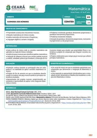 Matemática
CARGA HORÁRIA
SEMANAL
PÁGINA / TOTAL
CÓDIGO
EMENTA
Anos Finais - 6º Ao 9º ano
2 H
2/2
CCEMAT004
HARMONIA DOS NÚMEROS
METODOLOGIA
‣Aulas práticas de música onde os conceitos matemáticos são
aplicados na criação de ritmos e melodias;
‣Análise de peças musicais para identificar padrões matemáticos;
‣Utilização de softwares musicais para simular padrões musicais
e análises, atividades práticas que envolvem a construção de ins-
trumentos simples para estudar suas propriedades físicas e ma-
temáticas e projetos de composição que integram conceitos ma-
temáticos;
‣Projetos colaborativos para compor peças musicais que utilizem
princípios matemáticos.
AVALIAÇÃO
‣Avaliação contínua baseada na participação ativa em aulas
práticas e na habilidade de aplicar conceitos matemáticos na
música;
‣Projetos de fim de semestre em que os estudantes deverão
compor ou analisar uma peça musical usando os princípios ma-
temáticos estudados;
‣Apresentações dos projetos musicais, proporcionando aos
estudantes a oportunidade de explicar como integraram Mate-
mática à música.
SUGESTÃO DE CULMINÂNCIA(S):
‣Um recital de música em que os estudantes apresentam suas
composições que demonstram a integração de Matemática à
música.
‣Uma exposição ou apresentação interdisciplinar para a comu-
nidade escolar, destacando os trabalhos dos estudantes e a rela-
ção entre Matemática e música.
REFERÊNCIAS
BRASIL. Base Nacional Comum Curricular. MEC, 2018.
CEARÁ. Documento Curricular Referencial do Ceará. Fortaleza: SEDUC, 2019
DU SAUTOY, Marcus. A Música dos Números Primos. Rio de Janeiro: Editora Zahar, 2007.
FAUVEL, John; FLOOD, Raymond; WILSON, Robin. Matemática e Música: O Encontro de Dois Mundos. São Paulo: Editora Odysseus, 2010.
PORTAL DOMÍNIO PÚBLICO. Biblioteca digital que oferece diversos textos sobre matemática e música. Disponível em: http://www.
dominiopublico.gov.br/pesquisa/PesquisaObraForm.do. Acesso em: 24 nov. 2024.
REVISTA BRASILEIRA DE MÚSICA. Universidade Federal do Rio de Janeiro. Disponível em:  https://revistas.ufrj.br/index.php/rbm. Aces-
so em: 24 nov. 2024.
OBJETOS DE CONHECIMENTO
‣Propriedades acústicas dos instrumentos musicais;
‣Relações matemáticas em ritmos e escalas;
‣Análise matemática de harmonias e frequências;
‣Linguagem algébrica: variável e incógnita;
‣Problemas envolvendo grandezas diretamente proporcionais e
grandezas inversamente proporcionais;
‣Problemas envolvendo medições;
‣Variação de grandezas: diretamente proporcionais, inversamen-
te proporcionais ou não proporcionais.
262
 
