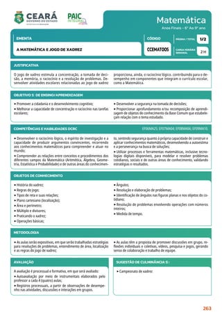 Matemática
CARGA HORÁRIA
SEMANAL
PÁGINA / TOTAL
CÓDIGO
EMENTA
Anos Finais - 6º Ao 9º ano
2 H
1/2
CCEMAT005
A MATEMÁTICA E JOGO DE XADREZ
JUSTIFICATIVA
O jogo de xadrez estimula a concentração, a tomada de deci-
são, a memória, o raciocínio e a resolução de problemas. De-
senvolver atividades escolares relacionadas ao jogo de xadrez
proporciona, ainda, o raciocínio lógico. contribuindo para o de-
sempenho em componentes que integram o currículo escolar,
como a Matemática.
OBJETIVO(S) DE ENSINO/APRENDIZAGEM
‣Promover a cidadania e o desenvolvimento cognitivo;
‣Melhorar a capacidade de concentração e raciocínio nas tarefas
escolares;
‣Desenvolver a segurança na tomada de decisões;
‣Proporcionar aprofundamento e/ou recomposição de aprendi-
zagem de objetos de conhecimento da Base Comum que estabele-
çam relação com o tema estudado.
COMPETÊNCIAS E HABILIDADES DCRC
‣Desenvolver o raciocínio lógico, o espírito de investigação e a
capacidade de produzir argumentos convincentes, recorrendo
aos conhecimentos matemáticos para compreender e atuar no
mundo;
‣Compreender as relações entre conceitos e procedimentos dos
diferentes campos da Matemática (Aritmética, Álgebra, Geome-
tria, Estatística e Probabilidade) e de outras áreas do conhecimen-
to, sentindo segurança quanto à própria capacidade de construir e
aplicar conhecimentos matemáticos, desenvolvendo a autoestima
e a perseverança na busca de soluções;
‣Utilizar processos e ferramentas matemáticas, inclusive tecno-
logias digitais disponíveis, para modelar e resolver problemas
cotidianos, sociais e de outras áreas de conhecimento, validando
estratégias e resultados.
EF06MA25; EF07MA04; EF08MA06; EF09MA10.
OBJETOS DE CONHECIMENTO
‣História do xadrez;
‣Regras do jogo;
‣Tipos de reta e suas relações;
‣Plano cartesiano (localização);
‣Área e perímetro;
‣Múltiplo e divisores;
‣Praticando o xadrez;
‣Operações básicas;
‣Ângulos;
‣Resolução e elaboração de problemas;
‣Identificação de ângulos nas figuras planas e nos objetos do co-
tidiano;
‣Resolução de problemas envolvendo operações com números
inteiros;
‣Medida de tempo.
METODOLOGIA
‣As aulas serão expositivas, em que serão trabalhadas estratégias
para resoluções de problemas, entendimento de área, localização
e as regras do jogo de xadrez;
‣As aulas têm a proposta de promover discussões em grupo, re-
flexões individuais e coletivas, vídeos, pesquisa e jogos, gerando
senso de colaboração e trabalho de equipe.
AVALIAÇÃO
A avaliação é processual e formativa, em que será avaliado:
‣Autoavaliação por meio de instrumentais elaborados pelo
professor a cada 4 (quatro) aulas;
‣Registros processuais, a partir de observações de desempe-
nho nas atividades, discussões e interações em grupos.
SUGESTÃO DE CULMINÂNCIA(S):
‣Campeonato de xadrez
263
 