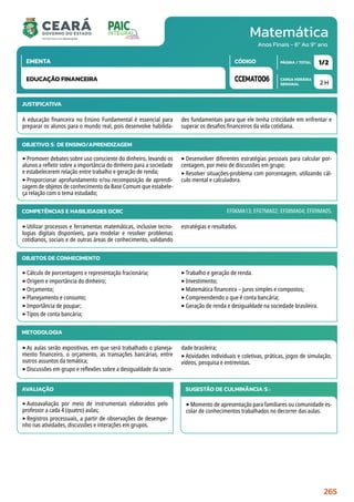 Matemática
CARGA HORÁRIA
SEMANAL
PÁGINA / TOTAL
CÓDIGO
EMENTA
Anos Finais - 6º Ao 9º ano
2 H
1/2
CCEMAT006
EDUCAÇÃO FINANCEIRA
JUSTIFICATIVA
A educação financeira no Ensino Fundamental é essencial para
preparar os alunos para o mundo real, pois desenvolve habilida-
des fundamentais para que ele tenha criticidade em enfrentar e
superar os desafios financeiros da vida cotidiana.
OBJETIVO(S) DE ENSINO/APRENDIZAGEM
‣Promover debates sobre uso consciente do dinheiro, levando os
alunos a refletir sobre a importância do dinheiro para a sociedade
e estabelecerem relação entre trabalho e geração de renda;
‣Proporcionar aprofundamento e/ou recomposição de aprendi-
zagem de objetos de conhecimento da Base Comum que estabele-
ça relação com o tema estudado;
‣Desenvolver diferentes estratégias pessoais para calcular por-
centagem, por meio de discussões em grupo;
‣Resolver situações-problema com porcentagem, utilizando cál-
culo mental e calculadora.
EF06MA13; EF07MA02; EF08MA04; EF09MA05.
COMPETÊNCIAS E HABILIDADES DCRC
‣Utilizar processos e ferramentas matemáticas, inclusive tecno-
logias digitais disponíveis, para modelar e resolver problemas
cotidianos, sociais e de outras áreas de conhecimento, validando
estratégias e resultados.
METODOLOGIA
‣As aulas serão expositivas, em que será trabalhado o planeja-
mento financeiro, o orçamento, as transações bancárias, entre
outros assuntos da temática;
‣Discussões em grupo e reflexões sobre a desigualdade da socie-
dade brasileira;
‣Atividades individuais e coletivas, práticas, jogos de simulação,
vídeos, pesquisa e entrevistas.
AVALIAÇÃO
‣Autoavaliação por meio de instrumentais elaborados pelo
professor a cada 4 (quatro) aulas;
‣Registros processuais, a partir de observações de desempe-
nho nas atividades, discussões e interações em grupos.
SUGESTÃO DE CULMINÂNCIA(S):
‣Momento de apresentação para familiares ou comunidade es-
colar de conhecimentos trabalhados no decorrer das aulas.
OBJETOS DE CONHECIMENTO
‣Cálculo de porcentagens e representação fracionária;
‣Origem e importância do dinheiro;
‣Orçamento;
‣Planejamento e consumo;
‣Importância de poupar;
‣Tipos de conta bancária;
‣Trabalho e geração de renda.
‣Investimento;
‣Matemática financeira – juros simples e compostos;
‣Compreendendo o que é conta bancária;
‣Geração de renda e desigualdade na sociedade brasileira.
265
 