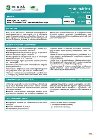 Matemática
CARGA HORÁRIA
SEMANAL
PÁGINA / TOTAL
CÓDIGO
EMENTA
Anos Finais - 6º Ao 9º ano
2 H
1/2
CCEMAT008
EDUCAÇÃO FINANCEIRA
COMO FERRAMENTA DE TRANSFORMAÇÃO SOCIAL
JUSTIFICATIVA
A falta de educação financeira priva muitas pessoas de gerenciar
suas finanças de maneira eficaz, gerando ciclos de pobreza e ex-
clusão. Ao capacitar os alunos com habilidades financeiras, esta
Eletiva os prepara para tomar decisões conscientes e responsáveis
em suas vidas pessoais, e também, os possibilita a transformar sua
realidade e sua visão social. Além disso, ao incentivar uma cultura
de consumo consciente e sustentável, a educação financeira pode
se tornar um pilar essencial na construção de uma sociedade mais
justa, inclusiva e solidária.
OBJETIVO(S) DE ENSINO/APRENDIZAGEM
‣Compreender o cálculo de porcentagens para determinar au-
mentos e descontos em contextos financeiros;
‣Resolver problemas que envolvem a aplicação de percentuais
sucessivos em situações de juros compostos;
‣Elaborar problemas que requerem o cálculo de porcentagens
para simular situações fiscais e tributárias;
‣Utilizar tecnologias digitais para resolver problemas relaciona-
dos a porcentagens;
‣Determinar taxas percentuais em contextos de juros compostos
e aplicações financeiras;
‣Desenvolver a compreensão dos conceitos de porcentagens em
situações práticas de educação financeira, fiscal e tributária;
‣Conhecerefazerusodosconceitosbásicosdeeducaçãofinancei-
ra, como poupança, crédito, débito, investimentos, entre outros;
‣Identificar e fazer uso adequado de conceitos fundamentais,
como orçamento pessoal, poupança, investimentos, crédito e en-
dividamento;
‣Aplicar técnicas de planejamento financeiro para elaborar orça-
mentos pessoais e familiares e definir metas financeiras de curto,
médio e longo prazo;
‣Avaliar como as decisões financeiras individuais e coletivas in-
fluenciam a sociedade e a economia local e reconhecer o papel da
educação financeira na redução das desigualdades;
‣Promover práticas de consumo responsável que considerem os
impactos ambientais e sociais das escolhas financeiras, incenti-
vando um estilo de vida mais sustentável.
COMPETÊNCIAS E HABILIDADES DCRC
‣Utilizar processos e ferramentas matemáticas, inclusive tecno-
logias digitais disponíveis, para modelar e resolver problemas
cotidianos, sociais e de outras áreas de conhecimento, validando
estratégias e resultados;
‣Enfrentar situações-problema em múltiplos contextos, incluin-
do-se situações imaginadas, não diretamente relacionadas com
o aspecto prático-utilitário, expressar suas respostas e sintetizar
conclusões, utilizando diferentes registros e linguagens (gráficos,
tabelas, esquemas, além de texto escrito na língua materna e ou-
tras linguagens para descrever algoritmos, como fluxogramas, e
dados).
EF06MA13; EF07MA02; EF07MA05; EF08MA04; EF09MA05.
OBJETOS DE CONHECIMENTO
‣Porcentagens: problemas que envolvem cálculo de percentuais
sucessivos;
‣Conceitos fundamentais de finanças;
‣Planejamento e gestão financeira;
‣Impacto social das decisões financeiras;
‣Consumo consciente e sustentável;
‣Uso de ferramenta tecnológica.
269
 
