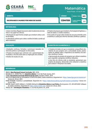 Matemática
CARGA HORÁRIA
SEMANAL
PÁGINA / TOTAL
CÓDIGO
EMENTA
Anos Finais - 6º Ao 9º ano
2 H
2/2
CCEMAT009
DECIFRANDO O MUNDO POR MEIO DE DADOS
METODOLOGIA
AVALIAÇÃO
‣Avaliações contínuas, formativa e processual, baseadas em
exercícios práticos e participação nas discussões;
‣Projetos de pesquisa que culminam com a apresentação dos
resultados e uma discussão sobre as implicações dos achados;
‣Análise de estudos de caso.
SUGESTÃO DE CULMINÂNCIA(S):
‣Simpósio de dados em que os estudantes compartilham des-
cobertas de seus projetos com a comunidade escolar, promo-
vendo um diálogo sobre a importância da estatística nas deci-
sões científicas e sociais;
‣Apresentação de projetos de pesquisa que utilizem estatística
para responder a perguntas científicas relevantes;
‣Uma feira de ciências onde os estudantes apresentam seus
projetos de pesquisa, destacando como utilizaram a estatística
para analisar e interpretar seus dados.
REFERÊNCIAS
BRASIL. Base Nacional Comum Curricular. MEC, 2018.
BUSSAB, W. O.; MORETTIN, P. A. Estatística Básica. 9. ed. São Paulo: Saraiva, 2017.
CEARÁ. Documento Curricular Referencial do Ceará. Fortaleza: SEDUC, 2019
INSTITUTO BRASILEIRO DE GEOGRAFIA E ESTATÍSTICA (IBGE). Dados estatísticos. Disponível em: https://www.ibge.gov.br/estatisticas.
Acesso em: 20 out. 2023.
KHAN ACADEMY. Estatística e probabilidade. Disponível em: https://www.khanacademy.org/math/statistics-probability. Acesso em:
20 out. 2023.
MOORE, David S; NOTZ, William I.; FLIGNER, Michael A. A Estatística Básica e sua Prática. Rio de Janeiro: LTC, 2014.RSTUDIO. Software
de análise estatística. Disponível em: https://www.rstudio.com/. Acesso em: 20 out. 2023.
TRIOLA, M. F. Introdução à Estatística. 12. ed. Rio de Janeiro: LTC, 2018.
‣Aulas invertidas (flipped classroom) sobre fundamentos de esta-
tística e seu papel nas ciências;
‣Realização de experimentos simples que envolvam coleta e aná-
lise de dados;
‣Laboratórios práticos para coleta e análise de dados usando sof-
tware estatístico;
‣Projetos de pesquisa que envolvem a formulação de hipóteses, a
coleta de dados e a análise estatística;
‣Discussões em grupo sobre estudos de caso para entender como
a estatística é usada para informar decisões científicas e políticas.
272
 