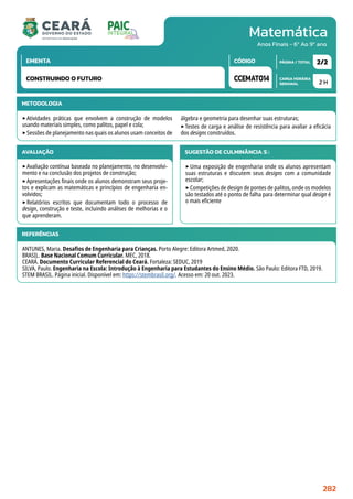 Matemática
CARGA HORÁRIA
SEMANAL
PÁGINA / TOTAL
CÓDIGO
EMENTA
Anos Finais - 6º Ao 9º ano
METODOLOGIA
‣Atividades práticas que envolvem a construção de modelos
usando materiais simples, como palitos, papel e cola;
‣Sessões de planejamento nas quais os alunos usam conceitos de
álgebra e geometria para desenhar suas estruturas;
‣Testes de carga e análise de resistência para avaliar a eficácia
dos designs construídos.
AVALIAÇÃO
‣Avaliação contínua baseada no planejamento, no desenvolvi-
mento e na conclusão dos projetos de construção;
‣Apresentações finais onde os alunos demonstram seus proje-
tos e explicam as matemáticas e princípios de engenharia en-
volvidos;
‣Relatórios escritos que documentam todo o processo de
design, construção e teste, incluindo análises de melhorias e o
que aprenderam.
SUGESTÃO DE CULMINÂNCIA(S):
‣Uma exposição de engenharia onde os alunos apresentam
suas estruturas e discutem seus designs com a comunidade
escolar;
‣Competições de design de pontes de palitos, onde os modelos
são testados até o ponto de falha para determinar qual design é
o mais eficiente
2 H
2/2
CCEMAT014
CONSTRUINDO O FUTURO
REFERÊNCIAS
ANTUNES, Maria. Desafios de Engenharia para Crianças. Porto Alegre: Editora Artmed, 2020.
BRASIL. Base Nacional Comum Curricular. MEC, 2018.
CEARÁ. Documento Curricular Referencial do Ceará. Fortaleza: SEDUC, 2019
SILVA, Paulo. Engenharia na Escola: Introdução à Engenharia para Estudantes do Ensino Médio. São Paulo: Editora FTD, 2019.
STEM BRASIL. Página inicial. Disponível em: https://stembrasil.org/. Acesso em: 20 out. 2023.
282
 
