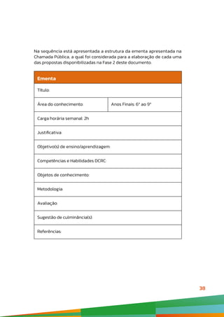 38
Na sequência está apresentada a estrutura da ementa apresentada na
Chamada Pública, a qual foi considerada para a elaboração de cada uma
das propostas disponibilizadas na Fase 2 deste documento.
Ementa
Título:
Área do conhecimento: Anos Finais: 6º ao 9º
Carga horária semanal: 2h
Justificativa:
Objetivo(s) de ensino/aprendizagem:
Competências e Habilidades DCRC:
Objetos de conhecimento:
Metodologia:
Avaliação:
Sugestão de culminância(s):
Referências:
 