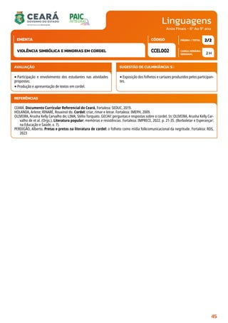Linguagens
CARGA HORÁRIA
SEMANAL
PÁGINA / TOTAL
CÓDIGO
EMENTA
Anos Finais - 6º Ao 9º ano
AVALIAÇÃO
‣Participação e envolvimento dos estudantes nas atividades
propostas;
‣Produção e apresentação de textos em cordel.
SUGESTÃO DE CULMINÂNCIA(S):
‣Exposição dos folhetos e cartazes produzidos pelos participan-
tes.
2 H
2/2
CCEL002
VIOLÊNCIA SIMBÓLICA E MINORIAS EM CORDEL
REFERÊNCIAS
CEARÁ. Documento Curricular Referencial do Ceará. Fortaleza: SEDUC, 2019.
HOLANDA, Arlene; RINARÉ, Rouxinol do. Cordel: criar, rimar e letrar. Fortaleza: IMEPH, 2009.
OLIVEIRA, Arusha Kelly Carvalho de; LIMA, Stélio Torquato. GECAV: perguntas e respostas sobre o cordel. In: OLIVEIRA, Arusha Kelly Car-
valho de et al. (Orgs.). Literatura popular: memórias e resistências. Fortaleza: IMPRECE, 2022. p. 21-35. (Borboletar e Esperançar:
na Educação e Saúde, v. 7).
PERDIGÃO, Alberto. Pretas e pretos na literatura de cordel: o folheto como mídia folkcomunicacional da negritude. Fortaleza: RDS,
2023
45
 