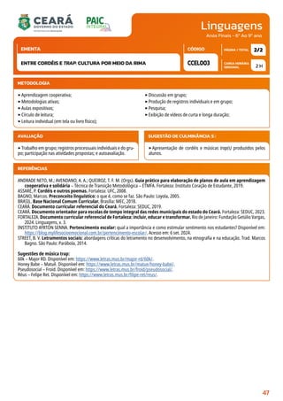 Linguagens
CARGA HORÁRIA
SEMANAL
PÁGINA / TOTAL
CÓDIGO
EMENTA
Anos Finais - 6º Ao 9º ano
AVALIAÇÃO
‣Trabalho em grupo; registros processuais individuais e do gru-
po; participação nas atividades propostas; e autoavaliação.
SUGESTÃO DE CULMINÂNCIA(S):
‣Apresentação de cordéis e músicas trap(s) produzidos pelos
alunos.
2 H
2/2
CCEL003
ENTRE CORDÉIS E TRAP: CULTURA POR MEIO DA RIMA
REFERÊNCIAS
ANDRADE NETO, M.; AVENDANO, A. A.; QUEIROZ, T. F. M. (Orgs). Guia prático para elaboração de planos de aula em aprendizagem
cooperativa e solidária – Técnica de Transição Metodológica – ETMFA. Fortaleza: Instituto Coração de Estudante, 2019.
ASSARÉ, P. Cordéis e outros poemas. Fortaleza: UFC, 2008.
BAGNO, Marcos. Preconceito linguístico: o que é, como se faz. São Paulo: Loyola, 2005.
BRASIL. Base Nacional Comum Curricular. Brasília: MEC, 2018.
CEARÁ. Documento curricular referencial do Ceará. Fortaleza: SEDUC, 2019.
CEARÁ. Documento orientador para escolas de tempo integral das redes municipais do estado do Ceará. Fortaleza: SEDUC, 2023.
FORTALEZA. Documento curricular referencial de Fortaleza: incluir, educar e transformar. Rio de Janeiro: Fundação Getúlio Vargas,
2024. Linguagens, v. 3.
INSTITUTO AYRTON SENNA. Pertencimento escolar: qual a importância e como estimular sentimento nos estudantes? Disponível em:
https://blog.mylifesocioemocional.com.br/pertencimento-escolar/. Acesso em: 6 set. 2024.
STREET, B. V. Letramentos sociais: abordagens críticas do letramento no desenvolvimento, na etnografia e na educação. Trad. Marcos
Bagno. São Paulo: Parábola, 2014.
Sugestões de música trap:
60k – Major RD. Disponível em: https://www.letras.mus.br/major-rd/60k/.
Honey Babe – Matuê. Disponível em: https://www.letras.mus.br/matue/honey-babe/.
Pseudosocial – Froid. Disponível em: https://www.letras.mus.br/froid/pseudosocial/.
Réus – Felipe Ret. Disponível em: https://www.letras.mus.br/filipe-ret/reus/.
METODOLOGIA
‣Aprendizagem cooperativa;
‣Metodologias ativas;
‣Aulas expositivas;
‣Círculo de leitura;
‣Leitura individual (em tela ou livro físico);
‣Discussão em grupo;
‣Produção de registros individuais e em grupo;
‣Pesquisa;
‣Exibição de vídeos de curta e longa duração;
47
 