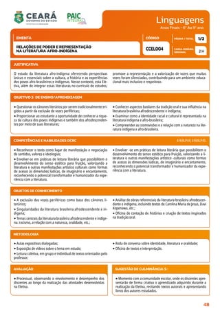 Linguagens
CARGA HORÁRIA
SEMANAL
PÁGINA / TOTAL
CÓDIGO
EMENTA
Anos Finais - 6º Ao 9º ano
2 H
1/2
CCEL004
RELAÇÕES DE PODER E REPRESENTAÇÃO
NA LITERATURA AFRO-INDÍGENA
JUSTIFICATIVA
O estudo da literatura afro-indígena oferecendo perspectivas
únicas e essenciais sobre a cultura, a história e as experiências
dos povos afro-brasileiros e indígenas. Nesse contexto, esta Ele-
tiva, além de integrar essas literaturas no currículo de estudos,
promove a representação e a valorização de vozes que muitas
vezes foram silenciadas, contribuindo para um ambiente educa-
cional mais inclusivo e respeitoso.
OBJETIVO(S) DE ENSINO/APRENDIZAGEM
‣Questionar os cânones literários por serem tradicionalmente eri-
gidos a partir da exclusão de vozes periféricas;
‣Proporcionar ao estudante a oportunidade de conhecer a rique-
za da cultura dos povos indígenas e também dos afrodescenden-
tes por meio de suas literaturas;
‣Conhecer aspectos basilares da tradição oral e sua influência na
literatura brasileira afrodescendente e indígena;
‣Examinar como a identidade racial e cultural é representada na
literatura indígena e afro-brasileira;
‣Compreender as cosmovisões e a relação com a natureza na lite-
ratura indígena e afro-brasileira.
‣Reconhecer o texto como lugar de manifestação e negociação
de sentidos, valores e ideologias;
‣Envolver-se em práticas de leitura literária que possibilitem o
desenvolvimento do senso estético para fruição, valorizando a
literatura e outras manifestações artístico culturais como formas
de acesso às dimensões lúdicas, de imaginário e encantamento,
reconhecendo o potencial transformador e humanizador da expe-
riência com a literatura.
‣Envolver -se em práticas de leitura literária que possibilitem o
desenvolvimento do senso estético para fruição, valorizando a li-
teratura e outras manifestações artístico -culturais como formas
de acesso às dimensões lúdicas, de imaginário e encantamento,
reconhecendo o potencial transformador e humanizador da expe-
riência com a literatura.
COMPETÊNCIAS E HABILIDADES DCRC EF69LP44; EF69LP45.
METODOLOGIA
‣Aulas expositivas dialogadas;
‣Exposição de vídeos sobre o tema em estudo;
‣Leitura coletiva, em grupo e individual de textos orientados pelo
professor;
‣Roda de conversa sobre identidade, literatura e oralidade;
‣Oficina de textos e interpretação.
OBJETOS DE CONHECIMENTO
‣ A exclusão das vozes periféricas como base dos cânones li-
terários;
‣ Singularidades da literatura brasileira afrodescendente e in-
dígena;
‣Temas centrais da literatura brasileira afrodescendente e indíge-
na: racismo, a relação com a natureza, oralidade, etc.;
‣Análise de obras referenciais da literatura brasileira afrodescen-
dente e indígena, incluindo textos de Carolina Maria de Jesus, Davi
Kopenawa, etc.;
‣Oficina de contação de histórias e criação de textos inspirados
na tradição oral.
AVALIAÇÃO
‣Processual, observando o envolvimento e desempenho dos
discentes ao longo da realização das atividades desenvolvidas
na Eletiva.
SUGESTÃO DE CULMINÂNCIA(S):
‣Momento com a comunidade escolar, onde os discentes apre-
sentarão de forma criativa o aprendizado adquirido durante a
realização da Eletiva, recitando textos autorais e apresentando
livros dos autores estudados.
48
 