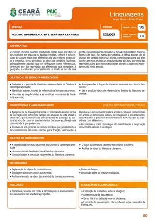 Linguagens
CARGA HORÁRIA
SEMANAL
PÁGINA / TOTAL
CÓDIGO
EMENTA
Anos Finais - 6º Ao 9º ano
2 H
1/2
CCEL005
FOCO NO APRENDIZADO DA LITERATURA CEARENSE
JUSTIFICATIVA
O escritor, mesmo quando produzindo obras cujos enredos se
desenvolvem em espaços ou épocas remotas, sempre é influen-
ciado de algum modo por elementos do seu entorno geográfi-
co e temporal. Nesse processo, as obras da literatura cearense,
principalmente aquelas que se configuram como referenciais,
terminam por dar expressão aos elementos que compõem a
geografia, a cultura e, principalmente, o modo de ser da sua
gente, incluindo questões ligadas a nossa religiosidade, história,
formas de falar, etc. Nessa perspectiva, a Eletiva buscar pôr os
alunos em contato com essas obras, contribuindo para que eles
conheçam mais a fundo as singularidades do Ceará por meio das
representações que nossos escritores deram a aspectos impor-
tantes do nosso estado.
OBJETIVO(S) DE ENSINO/APRENDIZAGEM
‣Conhecer a trajetória da literatura cearense desde os Oiteiros à
contemporaneidade;
‣Identificar autores e obras de referência na literatura cearense;
‣ Perceber as singularidades e as temáticas recorrentes da litera-
tura cearense;
‣ Compreender o lugar da literatura cearense no cenário bra-
sileiro;
‣ Ler e analisar obras de referência no âmbito da literatura ce-
arense.
‣Apropriar-se da linguagem escrita, reconhecendo-a como forma
de interação nos diferentes campos de atuação da vida social e
utilizando-a para ampliar suas possibilidades de participar da cul-
tura letrada, de construir conhecimentos (inclusive escolares) e da
comunidade a que pertencem;
‣Envolver-se em práticas de leitura literária que possibilitem o
desenvolvimento do senso estético para fruição, valorizando a
literatura e outras manifestações artístico-culturais como formas
de acesso às dimensões lúdicas, de imaginário e encantamento,
reconhecendo o potencial transformador e humanizador da expe-
riência com a literatura;
‣Reconhecer o texto como lugar de manifestação e negociação
de sentidos, valores e ideologias.
COMPETÊNCIAS E HABILIDADES DCRC EF69LP34; EF69LP44; EF69LP46; EF69LP49.
METODOLOGIA
‣Explanação do objeto de conhecimento;
‣Sondagem das expectativas das turmas;
‣Análise orientada de obras (ou trechos) da literatura cearense;
‣Rodas de leitura;
‣Discussão sobre as leituras realizadas.
OBJETOS DE CONHECIMENTO
‣A trajetória da literatura cearense dos Oiteiros à contemporanei-
dade;
‣ Autores e obras de referência na literatura cearense;
‣ Singularidades e temáticas recorrentes da literatura cearense;
‣ O lugar da literatura cearense no cenário brasileiro;
‣ Análise de obras da literatura cearense.
AVALIAÇÃO
‣Processual, levando em conta a participação e o envolvimento
dos estudantes nas atividades propostas.
SUGESTÃO DE CULMINÂNCIA(S):
‣Exposição de trabalhos, textos e imagens;
‣Apresentação de peça teatral;
‣Sarau literário, debates entre os discentes;
‣Exposição do pensamento crítico-reflexivo sobre conteúdos da
Eletiva, etc.
50
 
