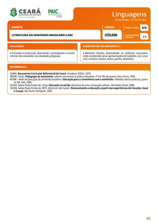 Linguagens
CARGA HORÁRIA
SEMANAL
PÁGINA / TOTAL
CÓDIGO
EMENTA
Anos Finais - 6º Ao 9º ano
AVALIAÇÃO
‣Formativa e processual, observando a participação e o envol-
vimento dos estudantes nas atividades propostas.
SUGESTÃO DE CULMINÂNCIA(S):
‣Momento literário desenvolvido no ambiente extraclasse,
onde acontecerão várias apresentações de trabalhos, tais como:
oral e artístico (música, teatro, poema, desenhos).
2 H
2/2
CCEL006
LITERATURA DO SEMIÁRIDO BRASILEIRO (LSB)
REFERÊNCIAS
CEARÁ. Documento Curricular Referencial do Ceará. Fortaleza: SEDUC, 2019.
FREIRE, Paulo. Pedagogia da autonomia: saberes necessários à prática educativa. 27 ed. Rio de Janeiro: Paz e Terra, 1996.
RESAB – Rede de Educação do semiárido brasileiro. Educação para a convivência com o semiárido: reflexões teórico-práticas. Juazei-
ro, BA: Selo, 2006.
SOUZA. Ivânia Paula Freitas de. (Org). Educação no sertão: bonitezas de uma construção coletiva. São Paulo: Brasil, 2008.
SOUZA, Ivânia Paula Freitas de; REIS, Edmerson dos Santos. Reencantando a educação a partir das experiências de Canudos, Uauá
e Curaçá. São Paulo: Peirópolis, 2003.
53
 