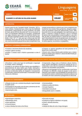 Linguagens
CARGA HORÁRIA
SEMANAL
PÁGINA / TOTAL
CÓDIGO
EMENTA
Anos Finais - 6º Ao 9º ano
2 H
1/2
CCEL007
O QUINZE E A LEITURA DA PALAVRA MUNDO
JUSTIFICATIVA
Fazemos parte de uma “sociedade letrada” (Gonçalves, 2017) e,
nesse contexto, é fundamental que a leitura seja uma habilidade
desenvolvida e potencializada em nossos estudantes. No estado
do Ceará, apenas 42% dos educandos do 9º ano se encontram no
nível 2 de aprendizado adequado em Português. Considerando
esse dado, entende-se que o nível de letramento literário (Cos-
son, 2018) dos estudantes também carece de uma maior atenção,
desde o Ciclo 1 (6° e 7° ano), para que a leitura seja mais bem
trabalhada. Fala-se aqui não de uma mera decodificação de pala-
vras, mas de uma leitura que permita ao aluno compreender o seu
contexto socioeconômico e cultural e que o torne competente para
transformar esse contexto. Nessa perspectiva, almejamos propor-
cionar aos estudantes a leitura da “palavramundo” (Freire, 1989),
buscando tornar essa ação pedagógica mais significativa para os
jovens, e sugerimos o estudo do romance O quinze, de Rachel
de Queiroz, pois esta possibilita o estudo da palavra e, para além
dela, de todo um contexto histórico e cultural do nosso estado, o
qual é desconhecido de muitos da geração atual, mas que exerce
uma grande influência não só em nossa cultura, mas também en-
tre outros aspectos, na economia e na geopolítica.
OBJETIVO(S) DE ENSINO/APRENDIZAGEM
‣Fortalecer o letramento literário dos estudantes;
‣Estudar o gênero narrativa;
‣Analisar o contexto social e histórico apresentado na obra O
Quinze;
‣Comparar os aspectos geopolíticos do Ceará presentes em O
Quinze com o cenário atual;
‣Discutir como a leitura literária pode contribuir para a compre-
ensão do contexto sócio, histórico e cultural de determinado gru-
po e espaço geográfico.
‣Reconhecer o texto como lugar de manifestação e negociação
de sentidos, valores e ideologias;
‣Envolver-se em práticas de leitura literária que possibilitem o
desenvolvimento do senso estético para fruição, valorizando a
literatura e outras manifestações artístico-culturais como formas
de acesso às dimensões lúdicas, de imaginário e encantamento,
reconhecendo o potencial transformador e humanizador da expe-
riência com a literatura;
‣Compreender a língua como um fenômeno cultural, histórico,
social, variável, heterogêneo e sensível aos contextos de uso, re-
conhecendo-a como meio de construção de identidades de seus
usuários e da comunidade a que pertence;
‣Apropriar-se da linguagem escrita, reconhecendo-a como forma
de interação nos diferentes campos de atuação na vida social e
utilizando-a para ampliar suas possibilidades de participar da cul-
tura letrada de construir conhecimentos (inclusive escolares) e de
se envolver com maior autonomia e protagonismo na vida social.
COMPETÊNCIAS E HABILIDADES DCRC EF67LP28; EF69LP44; EF69LP47; EF69LP49; EF69LP50; EF69LP53; EF69LP54; EF69LP56.
METODOLOGIA
‣Aprendizagem cooperativa;
‣Metodologias ativas;
‣Aulas expositivas;
‣Círculo de leitura;
‣Leitura individual (em tela ou livro físico);
‣Discussão em grupo;
‣Produção de registros individuais e em grupo;
‣Síntese, utilizando desenhos;
‣Pesquisa;
‣Exibição de vídeos de curta e longa-metragem.
OBJETOS DE CONHECIMENTO
‣Relação do texto com o contexto de produção e experimentação
de papéis sociais;
‣Participação em discussões orais de temas controversos de inte-
resse da turma e/ou de relevância social;
‣Apresentações orais;
‣Intertextualidade;
‣Adesão às práticas de leitura;
‣Variação linguística;
‣Identidade sociocultural;
‣Desigualdade social e o trabalho.
54
 