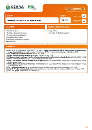 Linguagens
CARGA HORÁRIA
SEMANAL
PÁGINA / TOTAL
CÓDIGO
EMENTA
Anos Finais - 6º Ao 9º ano
AVALIAÇÃO
‣Trabalho em grupo.
‣Registros processuais individuais.
‣Registros processuais do grupo.
‣Interação professor-aluno.
‣Participação nas atividades propostas.
‣Autoavaliação.
SUGESTÃO DE CULMINÂNCIA(S):
‣Peça teatral.
‣Exposição de objetos e maquetes.
2 H
2/2
CCEL007
O QUINZE E A LEITURA DA PALAVRA MUNDO
REFERÊNCIAS
ANDRADE NETO, M; AVENDANO, A. A; QUEIROZ, T. F. M. (Orgs.). Guia prático para elaboração de planos de aula em aprendizagem
cooperativa e solidária: técnica de transição metodológica – ETMFA. Fortaleza: Instituto Coração de Estudante, 2019.
BRASIL. Base Nacional Comum Curricular. Brasília: MEC, 2018.
CEARÁ. Documento Curricular Referencial do Ceará. Fortaleza: SEDUC, 2019.
CEARÁ. Documento orientador para Escolas de Tempo Integral das Redes Municipais do Estado do Ceará. Fortaleza: SEDUC, 2023.
COSSON, R. Letramento literário: teoria e prática. São Paulo: Contexto, 2018.
FORTALEZA. Documento Curricular Referencial de Fortaleza: incluir, educar e transformar. Rio de Janeiro: Fundação Getúlio Vargas,
2024. Linguagens, vol. 3.
FORTALEZA. Documento Curricular Referencial de Fortaleza: incluir, educar e transformar. Rio de Janeiro: Fundação Getúlio Vargas,
2024. Linguagens, vol. 6.
FREIRE, P. A importância do ato de ler: em três artigos que se completam. São Paulo: Autores Associados/Cortez, 1989.
GONÇALVES, M. S. O mundo na sala de aula: intertextualidade nos Anos Finais do Ensino Fundamental. São Paulo: Parábola, 2017.
QUEIROZ, R. O Quinze. Rio de Janeiro: José Olympio, 2012.
55
 