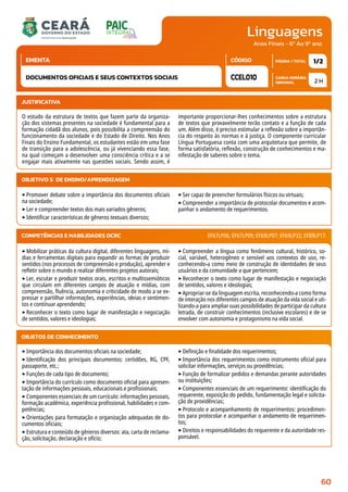 Linguagens
CARGA HORÁRIA
SEMANAL
PÁGINA / TOTAL
CÓDIGO
EMENTA
Anos Finais - 6º Ao 9º ano
2 H
1/2
CCEL010
DOCUMENTOS OFICIAIS E SEUS CONTEXTOS SOCIAIS
JUSTIFICATIVA
O estudo da estrutura de textos que fazem parte da organiza-
ção dos sistemas presentes na sociedade é fundamental para a
formação cidadã dos alunos, pois possibilita a compreensão do
funcionamento da sociedade e do Estado de Direito. Nos Anos
Finais do Ensino Fundamental, os estudantes estão em uma fase
de transição para a adolescência, ou já vivenciando essa fase,
na qual começam a desenvolver uma consciência crítica e a se
engajar mais ativamente nas questões sociais. Sendo assim, é
importante proporcionar-lhes conhecimentos sobre a estrutura
de textos que provavelmente terão contato e a função de cada
um. Além disso, é preciso estimular a reflexão sobre a importân-
cia do respeito às normas e à justiça. O componente curricular
Língua Portuguesa conta com uma arquitetura que permite, de
forma satisfatória, reflexão, construção de conhecimentos e ma-
nifestação de saberes sobre o tema.
OBJETIVO(S) DE ENSINO/APRENDIZAGEM
‣Promover debate sobre a importância dos documentos oficiais
na sociedade;
‣Ler e compreender textos dos mais variados gêneros;
‣Identificar características de gêneros textuais diversos;
‣Ser capaz de preencher formulários físicos ou virtuais;
‣Compreender a importância de protocolar documentos e acom-
panhar o andamento de requerimentos.
‣Mobilizar práticas da cultura digital, diferentes linguagens, mí-
dias e ferramentas digitais para expandir as formas de produzir
sentidos (nos processos de compreensão e produção), aprender e
refletir sobre o mundo e realizar diferentes projetos autorais;
‣Ler, escutar e produzir textos orais, escritos e multissemióticos
que circulam em diferentes campos de atuação e mídias, com
compreensão, fluência, autonomia e criticidade de modo a se ex-
pressar e partilhar informações, experiências, ideias e sentimen-
tos e continuar aprendendo;
‣Reconhecer o texto como lugar de manifestação e negociação
de sentidos, valores e ideologias;
‣Compreender a língua como fenômeno cultural, histórico, so-
cial, variável, heterogêneo e sensível aos contextos de uso, re-
conhecendo-a como meio de construção de identidades de seus
usuários e da comunidade a que pertencem;
‣Reconhecer o texto como lugar de manifestação e negociação
de sentidos, valores e ideologias;
‣Apropriar-se da linguagem escrita, reconhecendo-a como forma
de interação nos diferentes campos de atuação da vida social e uti-
lizando-a para ampliar suas possibilidades de participar da cultura
letrada, de construir conhecimentos (inclusive escolares) e de se
envolver com autonomia e protagonismo na vida social.
COMPETÊNCIAS E HABILIDADES DCRC EF67LP06; EF67LP09; EF69LP07; EF69LP32; EF89LP17.
OBJETOS DE CONHECIMENTO
‣Importância dos documentos oficiais na sociedade;
‣Identificação dos principais documentos: certidões, RG, CPF,
passaporte, etc.;
‣Funções de cada tipo de documento;
‣Importância do currículo como documento oficial para apresen-
tação de informações pessoais, educacionais e profissionais;
‣Componentes essenciais de um currículo: informações pessoais,
formação acadêmica, experiência profissional, habilidades e com-
petências;
‣Orientações para formatação e organização adequadas de do-
cumentos oficiais;
‣Estrutura e conteúdo de gêneros diversos: ata, carta de reclama-
ção, solicitação, declaração e ofício;
‣Definição e finalidade dos requerimentos;
‣Importância dos requerimentos como instrumento oficial para
solicitar informações, serviços ou providências;
‣Função de formalizar pedidos e demandas perante autoridades
ou instituições;
‣Componentes essenciais de um requerimento: identificação do
requerente, exposição do pedido, fundamentação legal e solicita-
ção de providências;
‣Protocolo e acompanhamento de requerimentos: procedimen-
tos para protocolar e acompanhar o andamento de requerimen-
tos;
‣Direitos e responsabilidades do requerente e da autoridade res-
ponsável.
60
 