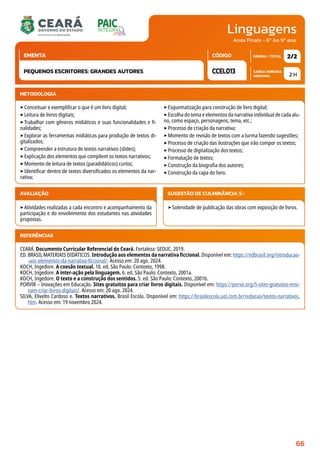 Linguagens
CARGA HORÁRIA
SEMANAL
PÁGINA / TOTAL
CÓDIGO
EMENTA
Anos Finais - 6º Ao 9º ano
METODOLOGIA
‣Conceituar e exemplificar o que é um livro digital;
‣Leitura de livros digitais;
‣Trabalhar com gêneros midiáticos e suas funcionalidades e fi-
nalidades;
‣Explorar as ferramentas midiáticas para produção de textos di-
gitalizados;
‣Compreender a estrutura de textos narrativos (slides);
‣Explicação dos elementos que compõem os textos narrativos;
‣Momento de leitura de textos (paradidáticos) curtos;
‣Identificar dentro de textos diversificados os elementos da nar-
rativa;
‣Esquematização para construção de livro digital;
‣Escolha do tema e elementos da narrativa individual de cada alu-
no, como espaço, personagens, tema, etc.;
‣Processo de criação da narrativa;
‣Momento de revisão de textos com a turma fazendo sugestões;
‣Processo de criação das ilustrações que irão compor os textos;
‣Processo de digitalização dos textos;
‣Formatação de textos;
‣Construção da biografia dos autores;
‣Construção da capa do livro.
AVALIAÇÃO
‣Atividades realizadas a cada encontro e acompanhamento da
participação e do envolvimento dos estudantes nas atividades
propostas.
SUGESTÃO DE CULMINÂNCIA(S):
‣Solenidade de publicação das obras com exposição de livros.
2 H
2/2
CCEL013
PEQUENOS ESCRITORES: GRANDES AUTORES
REFERÊNCIAS
CEARÁ. Documento Curricular Referencial do Ceará. Fortaleza: SEDUC, 2019.
ED. BRASIL MATERIAIS DIDÁTICOS. Introdução aos elementos da narrativa ficcional. Disponível em: https://edbrasil.org/introducao-
-aos-elementos-da-narrativa-ficcional/. Acesso em: 20 ago. 2024.
KOCH, Ingedore. A coesão textual. 10. ed. São Paulo: Contexto, 1998.
KOCH, Ingedore. A inter-ação pela linguagem. 6. ed. São Paulo: Contexto, 2001a.
KOCH, Ingedore. O texto e a construção dos sentidos. 5. ed. São Paulo: Contexto, 2001b.
PORVIR – Inovações em Educação. Sites gratuitos para criar livros digitais. Disponível em: https://porvir.org/5-sites-gratuitos-ensi-
nam-criar-livros-digitais/. Acesso em: 20 ago. 2024.
SILVA, Elivelto Cardoso e. Textos narrativos. Brasil Escola. Disponível em: https://brasilescola.uol.com.br/redacao/textos-narrativos.
htm. Acesso em: 19 novembro 2024.
66
 