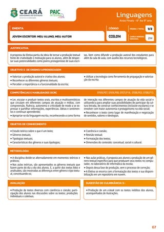 Linguagens
CARGA HORÁRIA
SEMANAL
PÁGINA / TOTAL
CÓDIGO
EMENTA
Anos Finais - 6º Ao 9º ano
2 H
1/2
CCEL014
JOVEM ESCRITOR: MEU ALUNO, MEU AUTOR
JUSTIFICATIVA
A proposta da Eletiva partiu da ideia de tornar a produção textual
fonte de criatividade e motivação para os alunos, além de desper-
tar suas potencialidades como jovens protagonistas de suas escri-
tas, bem como difundir a produção autoral dos estudantes para
além da sala de aula, com auxílio dos recursos tecnológicos.
OBJETIVO(S) DE ENSINO/APRENDIZAGEM
‣Valorizar a produção autoral e criativa dos alunos;
‣Reconhecer os diferentes gêneros textuais;
‣Perceber a importância e a funcionalidade da escrita;
‣Utilizar a tecnologia como ferramenta de propagação e valoriza-
ção da escrita.
‣Ler, escutar e produzir textos orais, escritos e multissemióticos
que circulam em diferentes campos de atuação e mídias, com
compreensão, fluência, autonomia e criticidade de modo a se ex-
pressar e partilhar informações, experiências. Ideias e sentimen-
tos e continuar aprendendo;
‣Apropriar-se da linguagem escrita, reconhecendo-a como forma
de interação nos diferentes campos de atuação da vida social e
utilizando-a para ampliar suas possibilidades de participar da cul-
tura letrada, de construir conhecimentos (inclusive escolares) e se
envolver com maior autonomia e protagonismo na vida social;
‣Reconhecer o texto como lugar de manifestação e negociação
de sentidos, valores e ideologias.
COMPETÊNCIAS E HABILIDADES DCRC EF69LP07; EF69LP08; EF07LP14; EF08LP03; EF08LP13.
METODOLOGIA
‣A disciplina divide-se alternadamente em momentos teóricos e
práticos;
‣Nas aulas teóricas, são apresentados os gêneros textuais que
fazem parte do dia a dia dos alunos. E, a partir dos textos lidos e
analisados, são mostradas as diferenças entre gênero e tipo textu-
al, conceituando-os;
‣Nas aulas práticas, é proposta aos alunos a produção de um gê-
nero textual específico para que produzam seus textos no compu-
tador, no laboratório de informática da escola;
‣Depois dessa fase de produção, vem o processo de correção;
‣A Eletiva se encerra com a formatação dos textos e sua disponi-
bilização em um repositório em nuvem.
OBJETOS DE CONHECIMENTO
‣Estudo teórico sobre o que é um texto;
‣Gêneros textuais;
‣Tipologias textuais;
‣Características dos gêneros e suas tipologias;
‣Coerência e coesão;
‣Revisão textual;
‣Formatação dos textos;
‣Dimensões do conteúdo: conceitual, social e cultural.
AVALIAÇÃO
‣Produção de textos diversos com coerência e coesão; parti-
cipação dos alunos nas discussões sobre os textos; produções
individuais e coletivas.
SUGESTÃO DE CULMINÂNCIA(S):
‣Produção de um e-book com os textos inéditos dos alunos,
acompanhados de ilustrações.
67
 