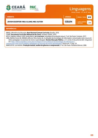 Linguagens
CARGA HORÁRIA
SEMANAL
PÁGINA / TOTAL
CÓDIGO
EMENTA
Anos Finais - 6º Ao 9º ano
2 H
2/2
CCEL014
JOVEM ESCRITOR: MEU ALUNO, MEU AUTOR
REFERÊNCIAS
BRASIL. Ministério da Educação. Base Nacional Comum Curricular. Brasília, 2018.
CEARÁ. Documento Curricular Referencial do Ceará. Fortaleza: SEDUC, 2019.
KOCH, Ingedore Villaça; ELIAS, Vanda Maria. Ler e escrever: estratégias de produção textual. 2ª ed. São Paulo: Contexto, 2017.
LIMA, Marilia Freires de; ARAÚJO, Jefferson Flora Santos de. A utilização das tecnologias de informação e comunicação como recurso di-
dático-pedagógico no processo de ensino e aprendizagem. Revista Educação Pública, v. 21, no dia 23 de junho de 2021. Disponível
em: https://educacaopublica.cecierj.edu.br/artigos/21/23/a-utilizacao-das-tecnologias-de-informacao-e
comunicacao-como-recurso-didatico-pedagogico-no-processo-de-ensino-aprendizagem. Acesso em: 13 ago. 24.
MARCUSCHI, Luiz Antônio. Produção textual, análise de gêneros e compreensão. 2ª ed. São Paulo: Parábola Editorial, 2008.
68
 