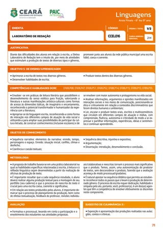 Linguagens
CARGA HORÁRIA
SEMANAL
PÁGINA / TOTAL
CÓDIGO
EMENTA
Anos Finais - 6º Ao 9º ano
2 H
1/2
CCEL016
LABORATÓRIO DE REDAÇÃO
JUSTIFICATIVA
Diante das dificuldades dos alunos em relação à escrita, a Eletiva
Laboratório de Redação tem o intuito de, por meio de atividades
que estimulam a produção de textos de diversos tipos e gêneros,
promover junto aos alunos da rede pública municipal uma escrita
hábil, coesa e coerente.
OBJETIVO(S) DE ENSINO/APRENDIZAGEM
‣Aprimorar a escrita de textos nos diversos gêneros.
‣Desenvolver habilidades de escrita;
‣Produzir textos dentro dos diversos gêneros.
‣Envolver -se em práticas de leitura literária que possibilitem o
desenvolvimento do senso estético para fruição, valorizando a
literatura e outras manifestações artístico-culturais como formas
de acesso às dimensões lúdicas, de imaginário e encantamento,
reconhecendo o potencial transformador e humanizador da expe-
riência com a literatura;
‣Apropriar-se da linguagem escrita, reconhecendo-a como forma
de interação nos diferentes campos de atuação da vida social e
utilizando-a para ampliar suas possibilidades de participar da cul-
tura letrada, de construir conhecimentos (inclusive escolares) e de
se envolver com maior autonomia e protagonismo na vida social;
‣Analisar informações, argumentos e opiniões manifestados em
interações sociais e nos meios de comunicação, posicionando-se
ética e criticamente em relação a conteúdos discriminatórios que
ferem direitos humanos e ambientais;
‣Ler, escutar e produzir textos orais, escritos e multissemióticos
que circulam em diferentes campos de atuação e mídias, com
compreensão, fluência, autonomia e criticidade de modo a se ex-
pressar e partilhar informações, experiências, ideias e sentimen-
tos e continuar aprendendo.
COMPETÊNCIAS E HABILIDADES DCRC EF69LP08; EF69LP47; EF69LP51; EF69LP52; EF08LP14; EF08LP15; EF89LP15; EF89LP35.
METODOLOGIA
‣A proposta de trabalho baseia-se em uma prática laboratorial na
qual as habilidades específicas relacionadas à escrita, à leitura e à
reflexão linguística sejam desenvolvidas a partir da realização de
oficinas de produção de texto;
‣É importante ressaltar que a cada sequência estudada, o aluno
deverá realizar alguma produção textual para a montagem de seu
portfólio (seu caderno) e que o processo de reescrita do texto é
crucial para uma escrita coesa, coerente e significativa;
‣Em relação aos textos produzidos pelos alunos, é importante de-
marcar que o processo de planejamento da produção, bem como
de efetiva textualização, feedback do professor, revisões individu-
ais/colaborativas e reescritas tornam o processo mais significativo
que o produto. Temos, assim, uma autonomização do produtor
de textos, sem desconsiderar o produto, fazendo que a avaliação
aconteça de modo processual/gradativo;
‣É natural apostar na sequência didática que permita ao estudan-
te reconhecer todos os passos que o levam à produção de determi-
nado gênero. O processo de escrita requer dedicação, habilidade e
simpatia pelo ato, portanto, você, professor(a), é um dos(as) agen-
tes que têm a competência de envolver efetivamente os discentes
neste componente.
OBJETOS DE CONHECIMENTO
‣Sequência narrativa: elementos da narrativa: enredo, tempo,
personagens e espaço. Enredo: situação inicial, conflito, clímax e
desfecho;
‣Coerência e coesão textuais;
‣Sequência descritiva, injuntiva e expositiva;
‣Argumentação;
‣Dissertação: introdução, desenvolvimento e conclusão.
AVALIAÇÃO
‣Formativa e processual, levando em conta a participação e o
envolvimento dos estudantes nas atividades propostas.
SUGESTÃO DE CULMINÂNCIA(S):
‣Exposição e apresentação das produções realizadas nas aulas:
gibis, contos e crônicas.
71
 