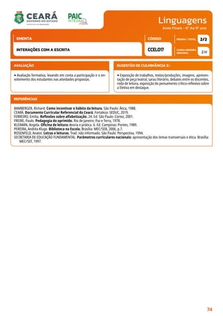 Linguagens
CARGA HORÁRIA
SEMANAL
PÁGINA / TOTAL
CÓDIGO
EMENTA
Anos Finais - 6º Ao 9º ano
AVALIAÇÃO
‣Avaliação formativa, levando em conta a participação e o en-
volvimento dos estudantes nas atividades propostas.
SUGESTÃO DE CULMINÂNCIA(S):
‣Exposição de trabalhos, textos/produções, imagens, apresen-
tação de peça teatral, sarau literário, debates entre os discentes,
roda de leitura, exposição do pensamento crítico-reflexivo sobre
a Eletiva em destaque.
2 H
2/2
CCEL017
INTERAÇÕES COM A ESCRITA
REFERÊNCIAS
BAMBERGER, Richard. Como incentivar o hábito da leitura. São Paulo: Ática, 1988.
CEARÁ. Documento Curricular Referencial do Ceará. Fortaleza: SEDUC, 2019.
FERREIRO, Emilia. Reflexões sobre alfabetização. 24. Ed. São Paulo: Cortez, 2001.
FREIRE, Paulo. Pedagogia do oprimido. Rio de Janeiro: Paz e Terra, 1978.
KLEIMAN, Angela. Oficina de leitura: teoria e prática. 6. Ed. Campinas: Pontes, 1989.
PEREIRA, Andréa Kluge. Biblioteca na Escola. Brasília: MEC/SEB, 2006, p.7.
ROSENFELD, Anatol. Letras e leituras. Trad. não informado. São Paulo: Perspectiva, 1994.
SECRETARIA DE EDUCAÇÃO FUNDAMENTAL. Parâmetros curriculares nacionais: apresentação dos temas transversais e ética. Brasília:
MEC/SEF, 1997.
74
 