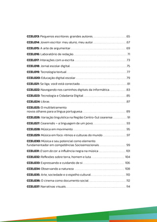CCEL013: Pequenos escritores: grandes autores .  .  .  .  .  .  .  .  .  .  .  .  .  .  .  .  .  .  .  .  .  .  .  .  .  . 65
CCEL014: Jovem escritor: meu aluno, meu autor .  .  .  .  .  .  .  .  .  .  .  .  .  .  .  .  .  .  .  .  .  .  .  .  .  . 67
CCEL015: A arte de argumentar  .  .  .  .  .  .  .  .  .  .  .  .  .  .  .  .  .  .  .  .  .  .  .  .  .  .  .  .  .  .  .  .  .  .  .  .  .  .  .  .  .  .  . 69
CCEL016: Laboratório de redação .  .  .  .  .  .  .  .  .  .  .  .  .  .  .  .  .  .  .  .  .  .  .  .  .  .  .  .  .  .  .  .  .  .  .  .  .  .  .  .  .  . 71
CCEL017: Interações com a escrita .  .  .  .  .  .  .  .  .  .  .  .  .  .  .  .  .  .  .  .  .  .  .  .  .  .  .  .  .  .  .  .  .  .  .  .  .  .  .  .  . 73
CCEL018: Jornal escolar digital .  .  .  .  .  .  .  .  .  .  .  .  .  .  .  .  .  .  .  .  .  .  .  .  .  .  .  .  .  .  .  .  .  .  .  .  .  .  .  .  .  .  .  . 75
CCEL019: Tecnologia textual .  .  .  .  .  .  .  .  .  .  .  .  .  .  .  .  .  .  .  .  .  .  .  .  .  .  .  .  .  .  .  .  .  .  .  .  .  .  .  .  .  .  .  .  .  .  . 77
CCEL020: Educação digital escolar .  .  .  .  .  .  .  .  .  .  .  .  .  .  .  .  .  .  .  .  .  .  .  .  .  .  .  .  .  .  .  .  .  .  .  .  .  .  .  . 79
CCEL021: Se liga, você está conectado .  .  .  .  .  .  .  .  .  .  .  .  .  .  .  .  .  .  .  .  .  .  .  .  .  .  .  .  .  .  .  .  .  .  .  . 81
CCEL022: Navegando nos caminhos digitais da informática .  .  .  .  .  .  .  .  .  .  .  .  . 83
CCEL023: Tecnologia e Cidadania Digital  .  .  .  .  .  .  .  .  .  .  .  .  .  .  .  .  .  .  .  .  .  .  .  .  .  .  .  .  .  .  .  .  . 85
CCEL024: Libras .  .  .  .  .  .  .  .  .  .  .  .  .  .  .  .  .  .  .  .  .  .  .  .  .  .  .  .  .  .  .  .  .  .  .  .  .  .  .  .  .  .  .  .  .  .  .  .  .  .  .  .  .  .  .  .  .  .  .  . 87
CCEL025: O multiletramento:
novos olhares para a língua portuguesa .  .  .  .  .  .  .  .  .  .  .  .  .  .  .  .  .  .  .  .  .  .  .  .  .  .  .  .  .  .  .  .  .  . 89
CCEL026: Variação linguística na Região Centro-Sul cearense  .  .  .  .  .  .  .  .  .  .  . 91
CCEL027: Cearensês – a linguagem de um povo .  .  .  .  .  .  .  .  .  .  .  .  .  .  .  .  .  .  .  .  .  .  .  .  .  . 93
CCEL028: Música em movimento .  .  .  .  .  .  .  .  .  .  .  .  .  .  .  .  .  .  .  .  .  .  .  .  .  .  .  .  .  .  .  .  .  .  .  .  .  .  .  .  .  . 95
CCEL029: Música em foco: ritmos e culturas do mundo  .  .  .  .  .  .  .  .  .  .  .  .  .  .  .  .  .  . 97
CCEL030: Música e seu potencial como elemento
fundamentador em competências Socioemocionais .  .  .  .  .  .  .  .  .  .  .  .  .  .  .  .  .  .  .  .  . 99
CCEL031: O som da cor: a influência negra na música .  .  .  .  .  .  .  .  .  .  .  .  .  .  .  .  .  .  .  .  .  . 101
CCEL032: Reflexões sobre terra, homem e luta  .  .  .  .  .  .  .  .  .  .  .  .  .  .  .  .  .  .  .  .  .  .  .  .  .  . 104
CCEL033: Expressando e cuidando de si .  .  .  .  .  .  .  .  .  .  .  .  .  .  .  .  .  .  .  .  .  .  .  .  .  .  .  .  .  .  .  .  . 106
CCEL034: Observando a natureza .  .  .  .  .  .  .  .  .  .  .  .  .  .  .  .  .  .  .  .  .  .  .  .  .  .  .  .  .  .  .  .  .  .  .  .  .  .  .  . 108
CCEL035: Arte, sociedade e o espelho cultural .  .  .  .  .  .  .  .  .  .  .  .  .  .  .  .  .  .  .  .  .  .  .  .  .  .  .  . 110
CCEL036: O cinema como documento social  .  .  .  .  .  .  .  .  .  .  .  .  .  .  .  .  .  .  .  .  .  .  .  .  .  .  .  .  . 112
CCEL037: Narrativas visuais .  .  .  .  .  .  .  .  .  .  .  .  .  .  .  .  .  .  .  .  .  .  .  .  .  .  .  .  .  .  .  .  .  .  .  .  .  .  .  .  .  .  .  .  .  .  . 114
 