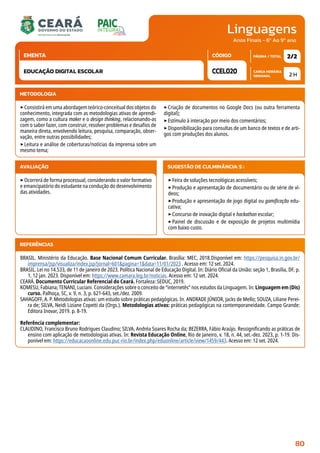 Linguagens
CARGA HORÁRIA
SEMANAL
PÁGINA / TOTAL
CÓDIGO
EMENTA
Anos Finais - 6º Ao 9º ano
METODOLOGIA
‣Consistirá em uma abordagem teórico-conceitual dos objetos do
conhecimento, integrada com as metodologias ativas de aprendi-
zagem, como a cultura maker e o design thinking, relacionando-as
com o saber fazer, com construir, resolver problemas e desafios de
maneira direta, envolvendo leitura, pesquisa, comparação, obser-
vação, entre outras possibilidades;
‣Leitura e análise de coberturas/notícias da imprensa sobre um
mesmo tema;
‣Criação de documentos no Google Docs (ou outra ferramenta
digital);
‣Estímulo à interação por meio dos comentários;
‣Disponibilização para consultas de um banco de textos e de arti-
gos com produções dos alunos.
AVALIAÇÃO
‣Ocorrerá de forma processual, considerando o valor formativo
e emancipatório do estudante na condução do desenvolvimento
das atividades.
SUGESTÃO DE CULMINÂNCIA(S):
‣Feira de soluções tecnológicas acessíveis;
‣Produção e apresentação de documentário ou de série de ví-
deos;
‣Produção e apresentação de jogo digital ou gamificação edu-
cativa;
‣Concurso de inovação digital e hackathon escolar;
‣Painel de discussão e de exposição de projetos multimídia
com baixo custo.
2 H
2/2
CCEL020
EDUCAÇÃO DIGITAL ESCOLAR
REFERÊNCIAS
BRASIL. Ministério da Educação. Base Nacional Comum Curricular. Brasília: MEC, 2018.Disponível em: https://pesquisa.in.gov.br/
imprensa/jsp/visualiza/index.jsp?jornal=601pagina=1data=11/01/2023 . Acesso em: 12 set. 2024.
BRASIL. Lei no 14.533, de 11 de janeiro de 2023. Política Nacional de Educação Digital. In: Diário Oficial da União: seção 1, Brasília, DF, p.
1, 12 jan. 2023. Disponível em: https://www.camara.leg.br/noticias. Acesso em: 12 set. 2024.
CEARÁ. Documento Curricular Referencial do Ceará. Fortaleza: SEDUC, 2019.
KOMESU, Fabiana; TENANI, Luciani. Considerações sobre o conceito de “internetês” nos estudos da Linguagem. In: Linguagem em (Dis)
curso. Palhoça, SC, v. 9, n. 3, p. 621-643, set./dez. 2009.
SAHAGOFF, A. P. Metodologias ativas: um estudo sobre práticas pedagógicas. In. ANDRADE JÚNIOR, Jacks de Mello; SOUZA, Liliane Perei-
ra de; SILVA, Neidi Liziane Copetti da (Orgs.). Metodologias ativas: práticas pedagógicas na contemporaneidade. Campo Grande:
Editora Inovar, 2019. p. 8-19.
Referência complementar:
CLAUDINO, Francisco Bruno Rodrigues Claudino; SILVA, Andréa Soares Rocha da; BEZERRA, Fábio Araújo. Ressignificando as práticas de
ensino com aplicação de metodologias ativas. In: Revista Educação Online, Rio de Janeiro, v. 18, n. 44, set.-dez. 2023, p. 1-19. Dis-
ponível em: https://educacaoonline.edu.puc-rio.br/index.php/eduonline/article/view/1459/443. Acesso em: 12 set. 2024.
80
 