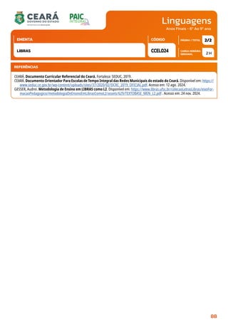 Linguagens
CARGA HORÁRIA
SEMANAL
PÁGINA / TOTAL
CÓDIGO
EMENTA
Anos Finais - 6º Ao 9º ano
2 H
2/2
CCEL024
LIBRAS
REFERÊNCIAS
CEARÁ. Documento Curricular Referencial do Ceará. Fortaleza: SEDUC, 2019.
CEARÁ. Documento Orientador Para Escolas de Tempo Integral das Redes Municipais do estado do Ceará. Disponível em: https://
www.seduc.ce.gov.br/wp-content/uploads/sites/37/2020/02/DCRC_2019_OFICIAL.pdf. Acesso em: 12 ago. 2024.
GESSER, Audrei. Metodologia de Ensino em LIBRAS como L2. Disponível em: https://www.libras.ufsc.br/colecaoLetrasLibras/eixoFor-
macaoPedagogico/metodologiaDeEnsinoEmLibrasComoL2/assets/629/TEXTOBASE_MEN_L2.pdf . Acesso em: 24 nov. 2024.
88
 