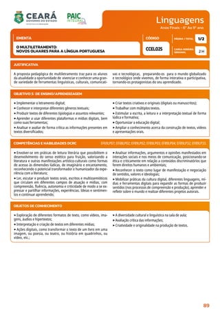 Linguagens
CARGA HORÁRIA
SEMANAL
PÁGINA / TOTAL
CÓDIGO
EMENTA
Anos Finais - 6º Ao 9º ano
2 H
1/2
CCEL025
O MULTILETRAMENTO:
NOVOS OLHARES PARA A LÍNGUA PORTUGUESA
JUSTIFICATIVA
A proposta pedagógica do multiletramento traz para os alunos
da atualidade a oportunidade de vivenciar e conhecer uma gran-
de variedade de ferramentas linguísticas, culturais, comunicati-
vas e tecnológicas, preparando-os para o mundo globalizado
e tecnológico onde vivemos, de forma interativa e participativa,
tornando-os protagonistas do seu aprendizado.
OBJETIVO(S) DE ENSINO/APRENDIZAGEM
‣Implementar o letramento digital;
‣Conhecer e interpretar diferentes gêneros textuais;
‣Produzir textos de diferentes tipologias e assuntos relevantes;
‣Aprender a usar diferentes plataformas e mídias digitais, bem
como suas ferramentas;
‣Analisar e avaliar de forma crítica as informações presentes em
textos diversificados;
‣Criar textos criativos e originais (digitais ou manuscritos);
‣Trabalhar com múltiplos textos.
‣Estimular a escrita, a leitura e a interpretação textual de forma
lúdica e formativa;
‣Oportunizar a educação digital;
‣Ampliar o conhecimento acerca da construção de textos, vídeos
e apresentações orais.
‣Envolver-se em práticas de leitura literária que possibilitem o
desenvolvimento do senso estético para fruição, valorizando a
literatura e outras manifestações artístico-culturais como formas
de acesso às dimensões lúdicas, de imaginário e encantamento,
reconhecendo o potencial transformador e humanizador da expe-
riência com a literatura;
‣Ler, escutar e produzir textos orais, escritos e multissemióticos
que circulam em diferentes campos de atuação e mídias, com
compreensão, fluência, autonomia e criticidade de modo a se ex-
pressar e partilhar informações, experiências. Ideias e sentimen-
tos e continuar aprendendo;
‣Analisar informações, argumentos e opiniões manifestados em
interações sociais e nos meios de comunicação, posicionando-se
ética e criticamente em relação a conteúdos discriminatórios que
ferem direitos humanos e ambientais;
‣Reconhecer o texto como lugar de manifestação e negociação
de sentidos, valores e ideologias;
‣Mobilizar práticas da cultura digital, diferentes linguagens, mí-
dias e ferramentas digitais para expandir as formas de produzir
sentidos (nos processos de compreensão e produção), aprender e
refletir sobre o mundo e realizar diferentes projetos autorais.
COMPETÊNCIAS E HABILIDADES DCRC EF69LP07; EF08LP02; EF89LP02; EF89LP03; EF89LP04; EF89LP32; EF89LP33.
OBJETOS DE CONHECIMENTO
‣Exploração de diferentes formatos de texto, como vídeos, ima-
gens, áudios e hipertextos;
‣Interpretação e criação de textos em diferentes mídias;
‣ Ações digitais, como transformar o texto de um livro em uma
imagem, ou poesia, ou teatro, ou história em quadrinhos, ou
vídeo, etc.;
‣A diversidade cultural e linguística na sala de aula;
‣Avaliação crítica das informações;
‣Criatividade e originalidade na produção de textos.
89
 